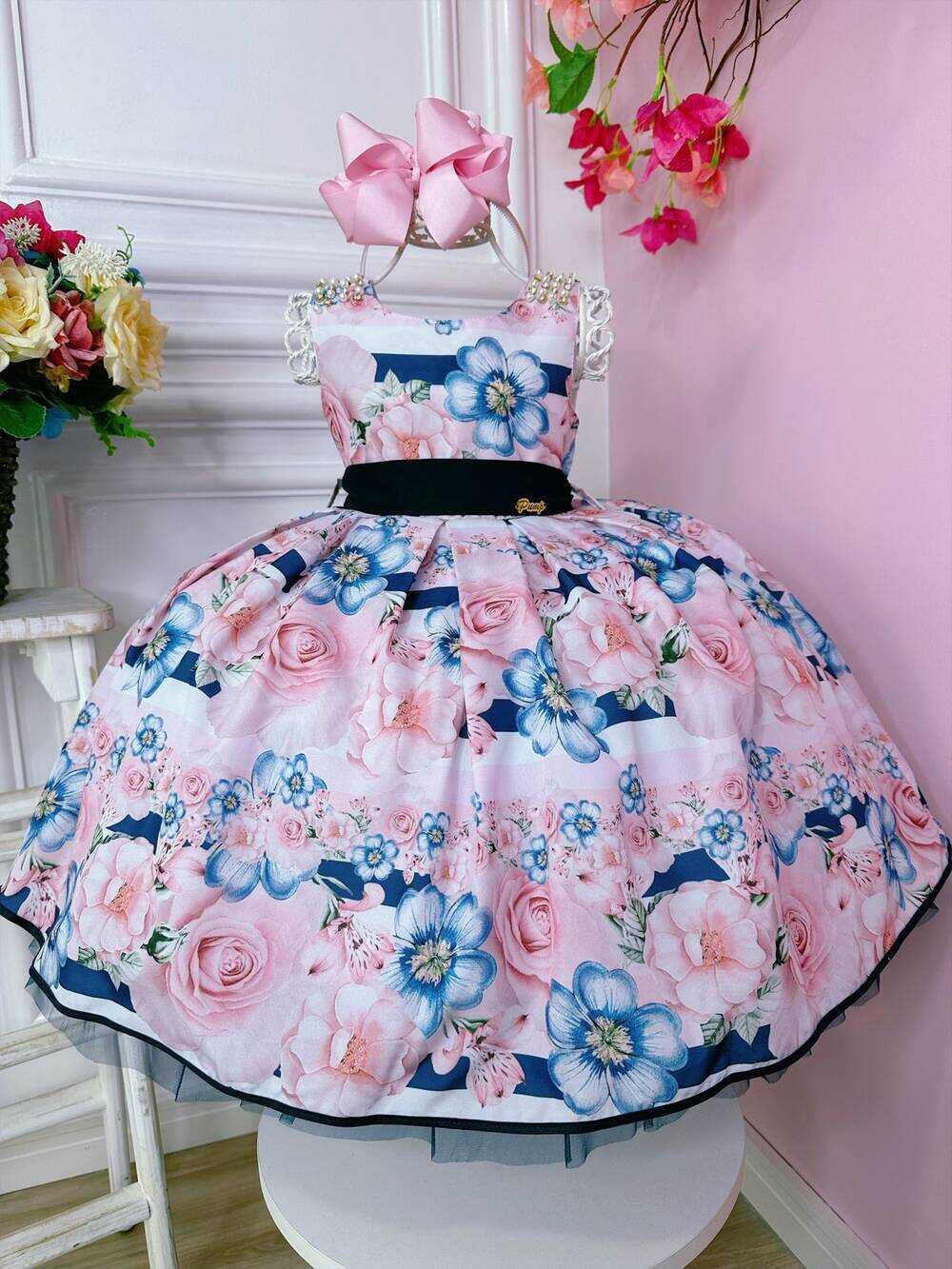 Vestido Infantil Floral Rosa e Azul Marinho Pérolas Strass