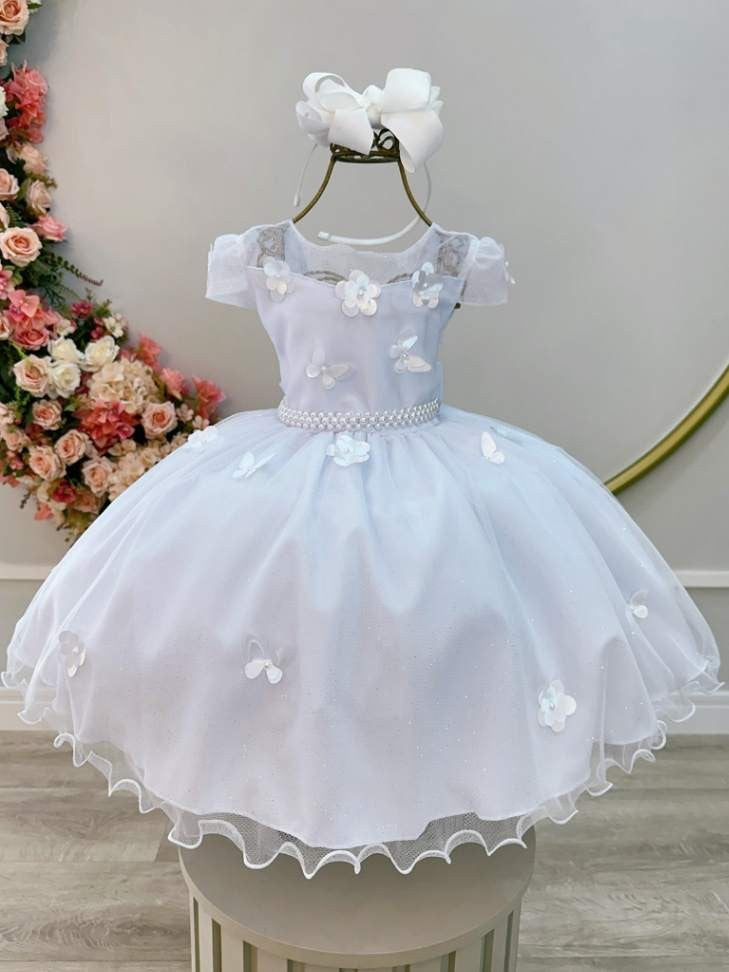 Vestido Infantil Branco C/ Aplique Borboletas Flores Pérolas
