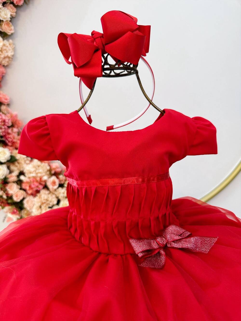 Vestido Infantil Vermelho Busto Plissado Lacinho Natal Festa