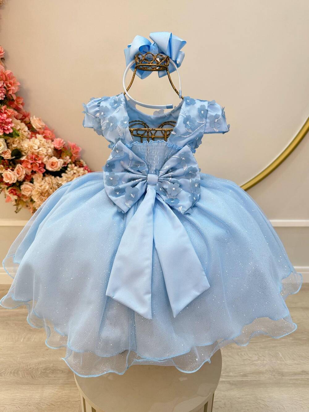 Vestido Infantil Azul Saia C/ Glitter e Apliques de Flores