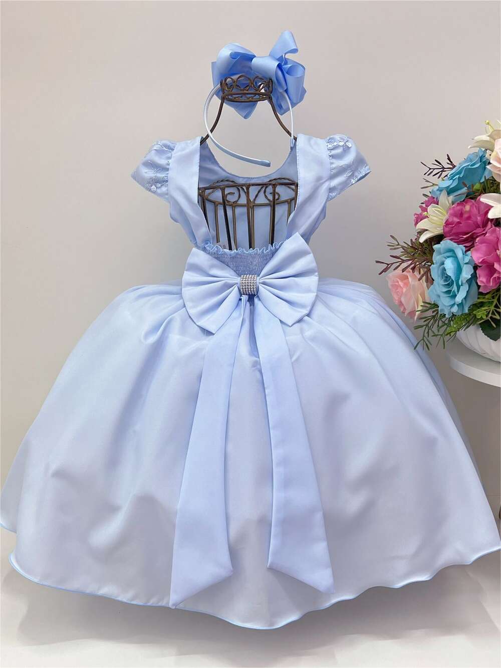 Vestido Infantil Azul C/ Renda Cinto Pérolas Luxo Batizado