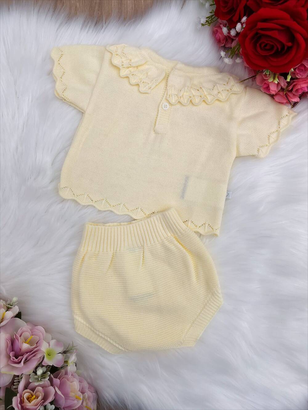 Conjunto Blusa e Tapa Fralda Gola Tricot Bebê Amarelo