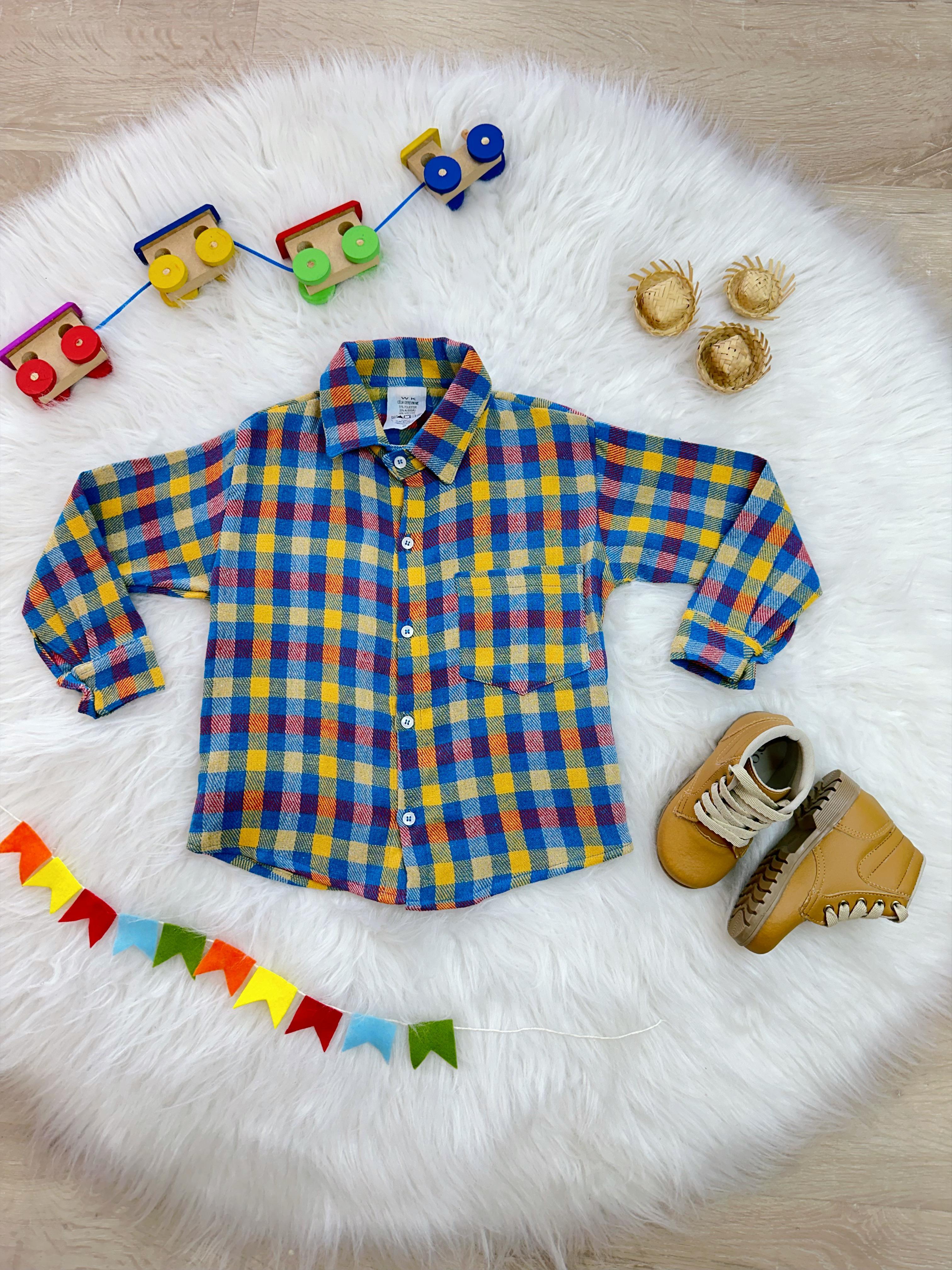 Camisa Flanelada Xadrez Junino Azul e Amarelo