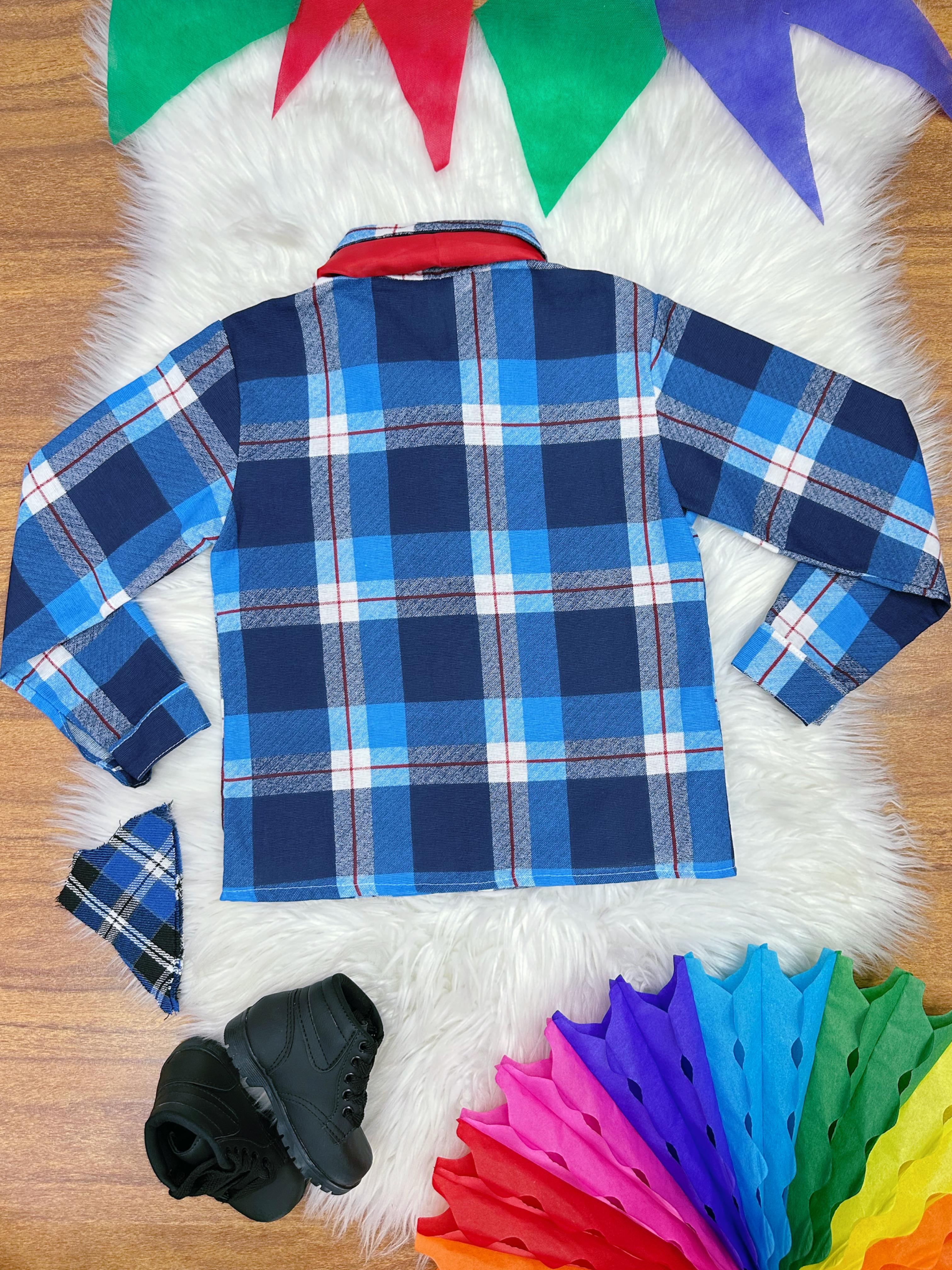 Camisa Flanelada Xadrez Junino Azul C/ Lenço e Gravata