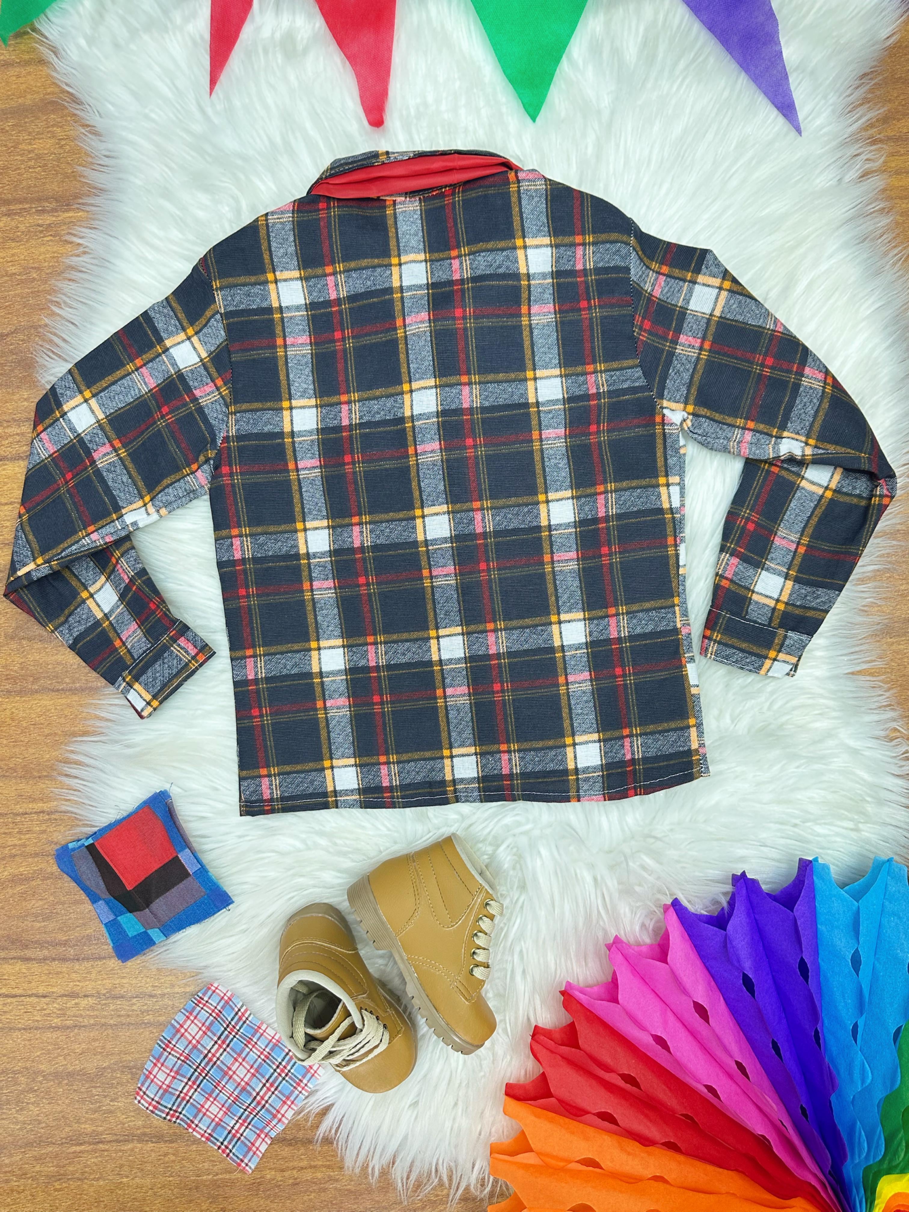 Camisa Flanelada Xadrez Junino Preto e Laranja C/ Lenço e Gravata