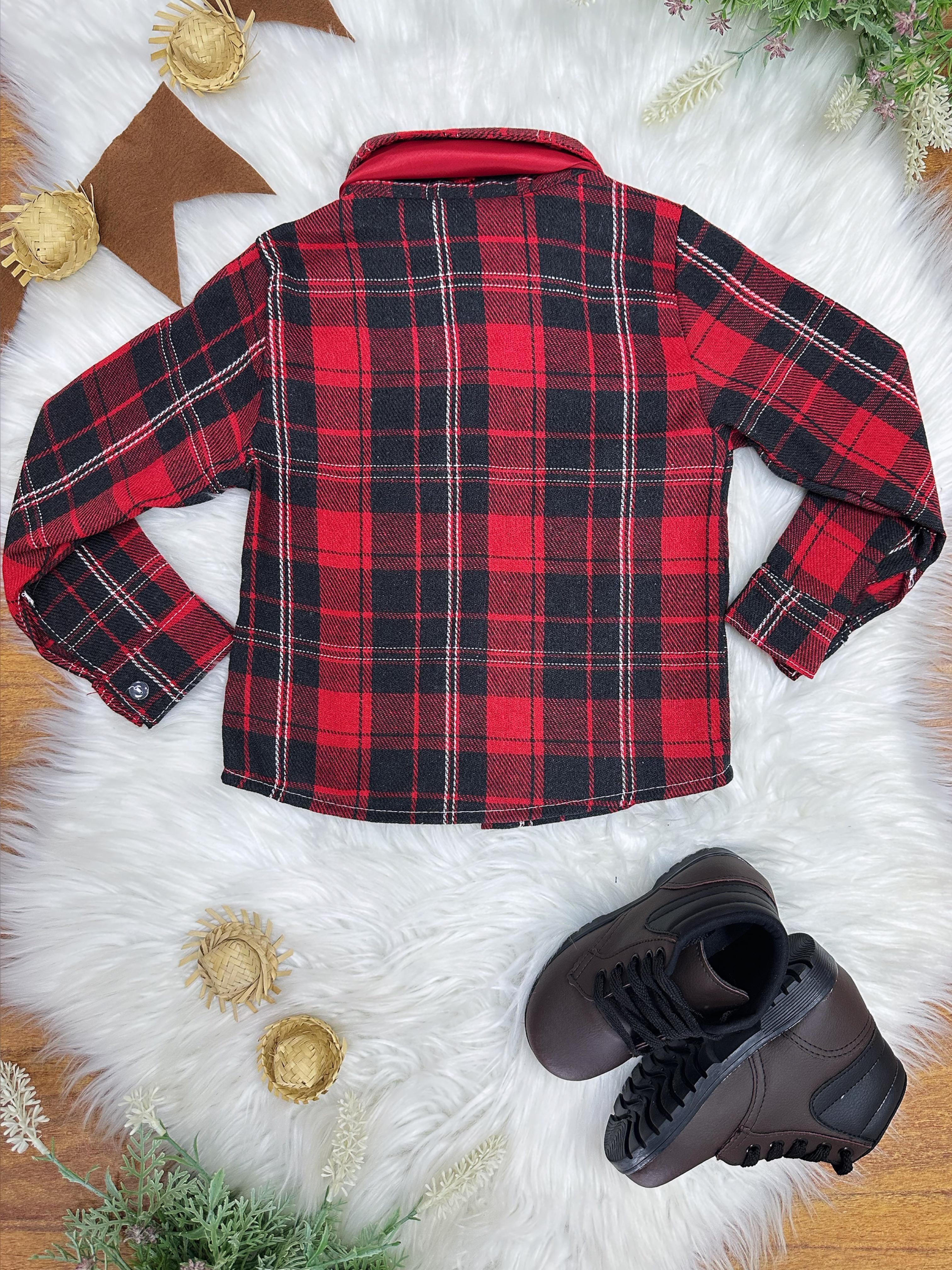 Camisa Flanelada Xadrez Junino Preto e Vermelho C/ Gravata