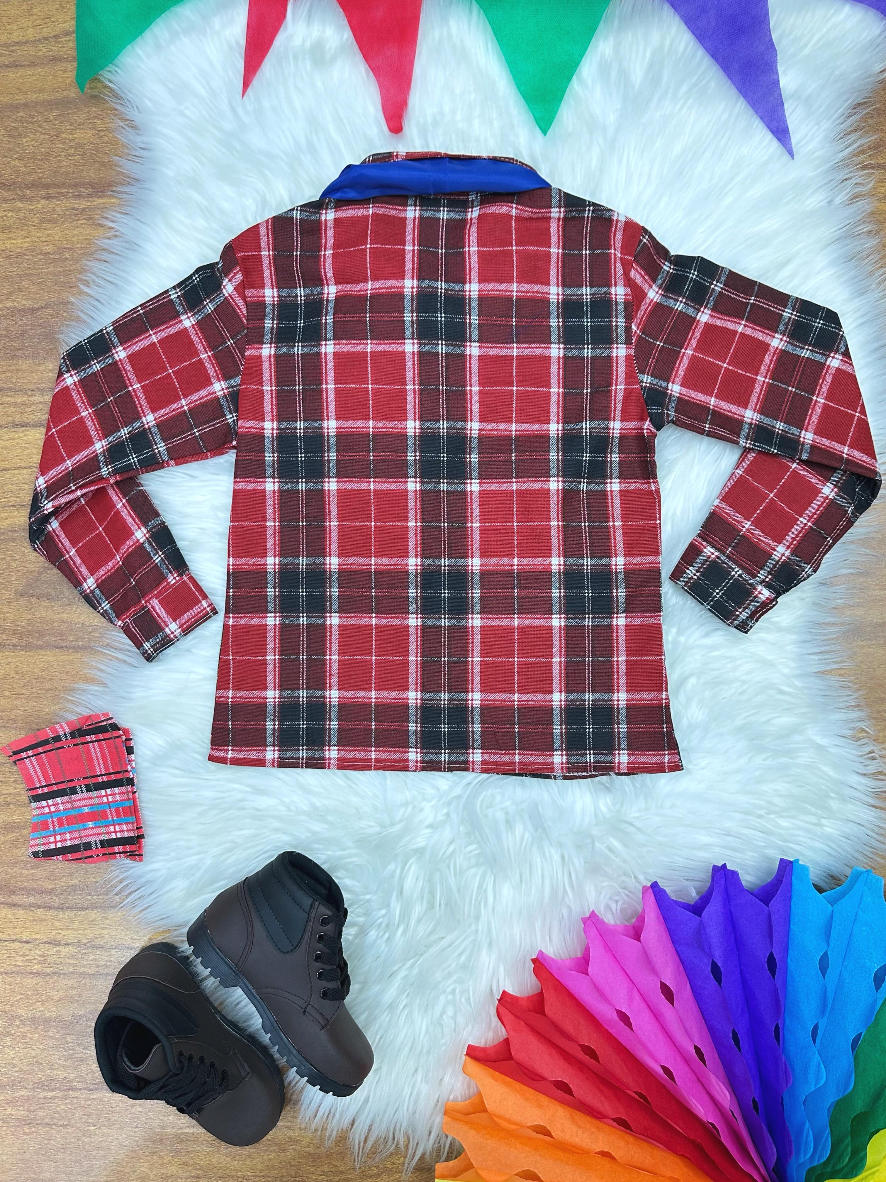 Camisa Flanelada Xadrez Junino Vermelho e Preto C/ Lenço e Gravata