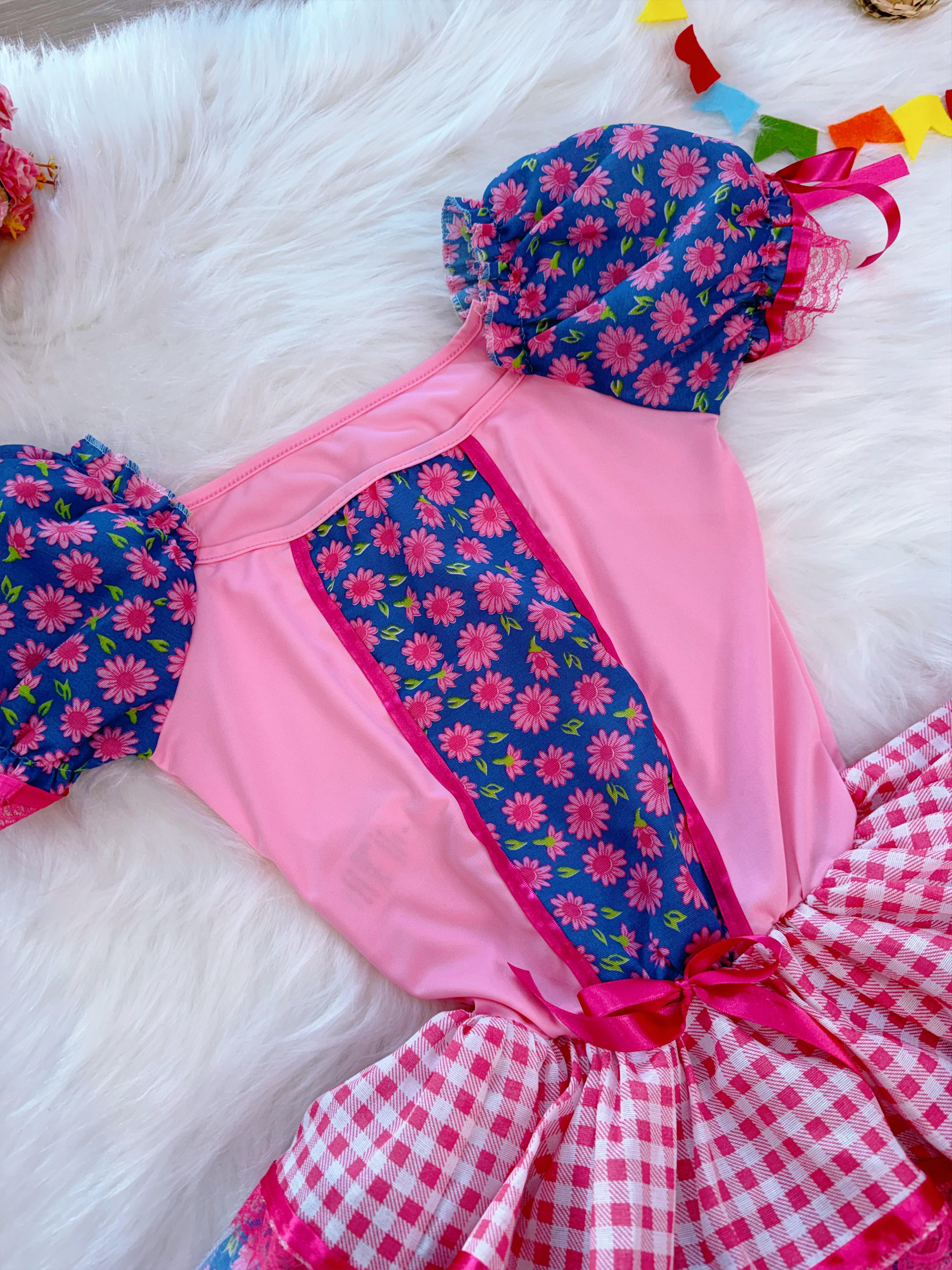 Fantasia Adulto Junino Arraiá Rosa Xadrez C/ Estampa Festas