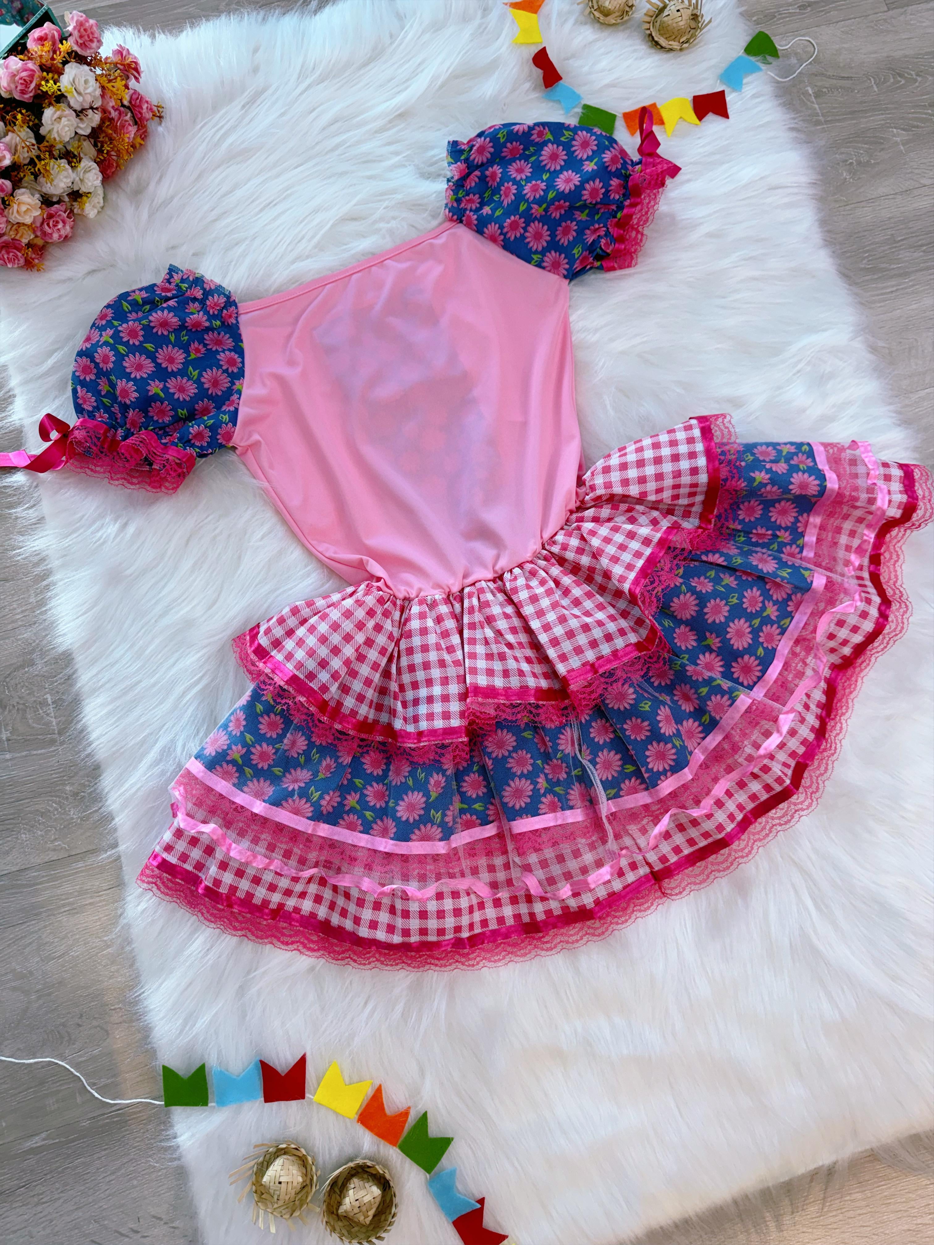 Fantasia Adulto Junino Arraiá Rosa Xadrez C/ Estampa Festas