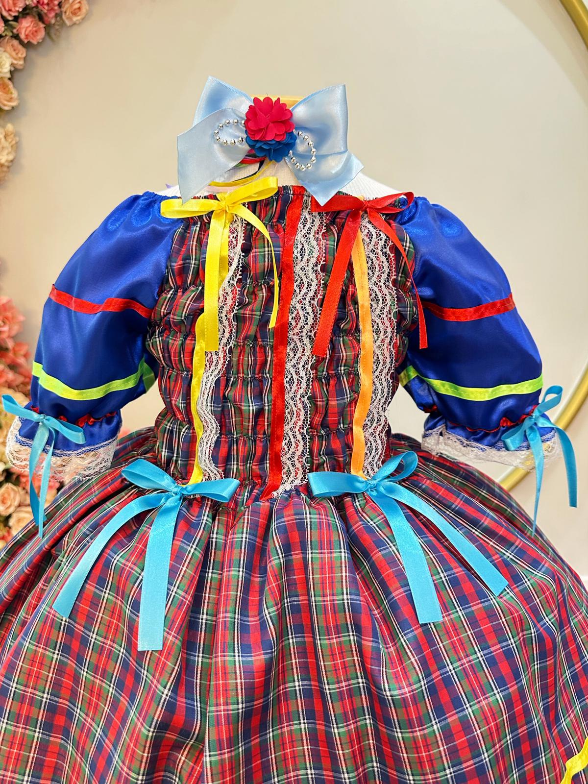 Fantasia Infantil Junino Arraiá Azul Xadrez Colorido