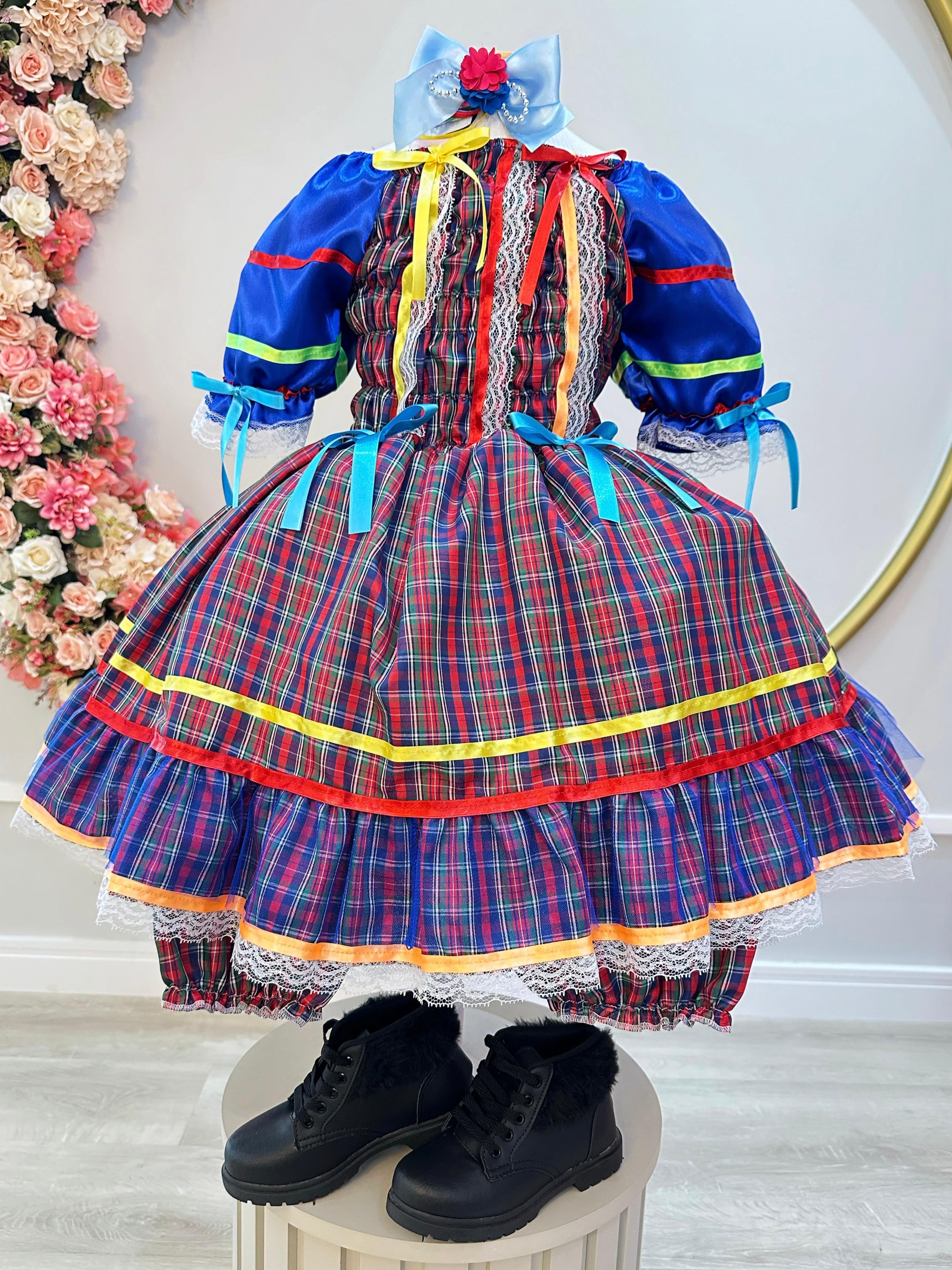 Fantasia Infantil Junino Arraiá Azul Xadrez Colorido