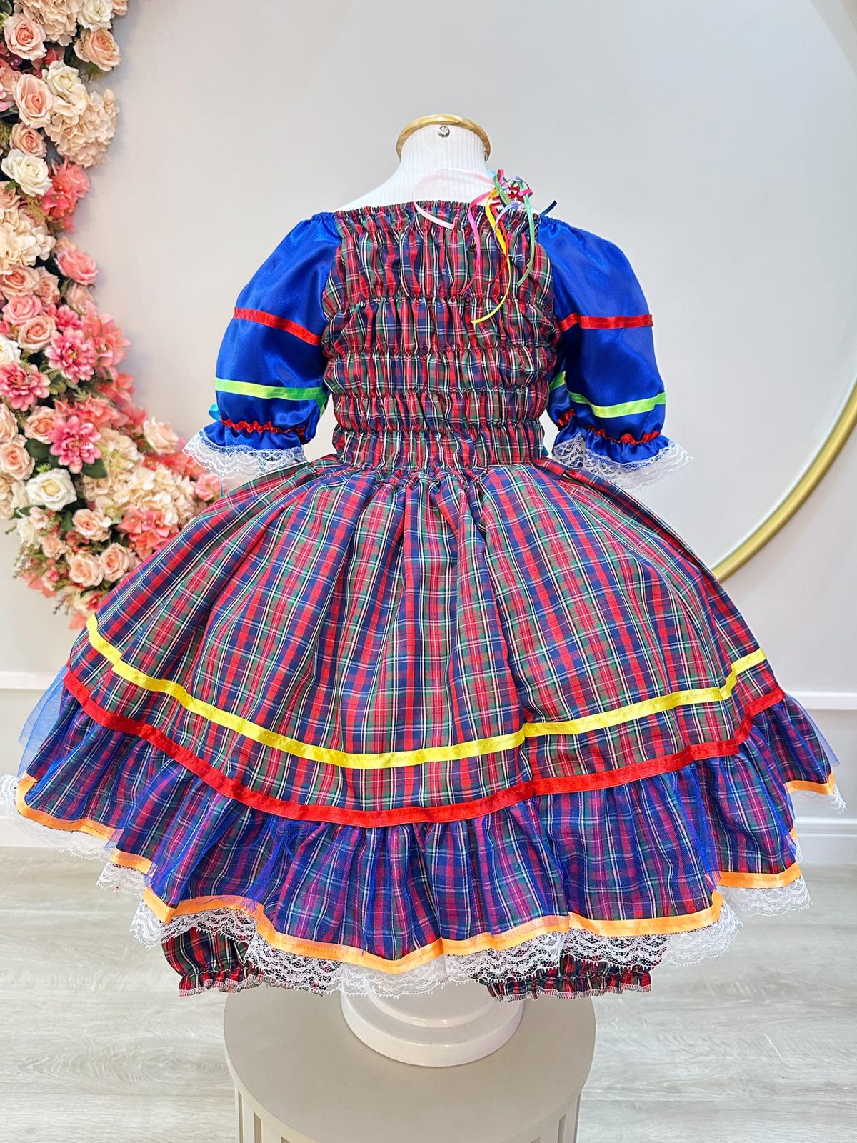 Fantasia Infantil Junino Arraiá Azul Xadrez Colorido