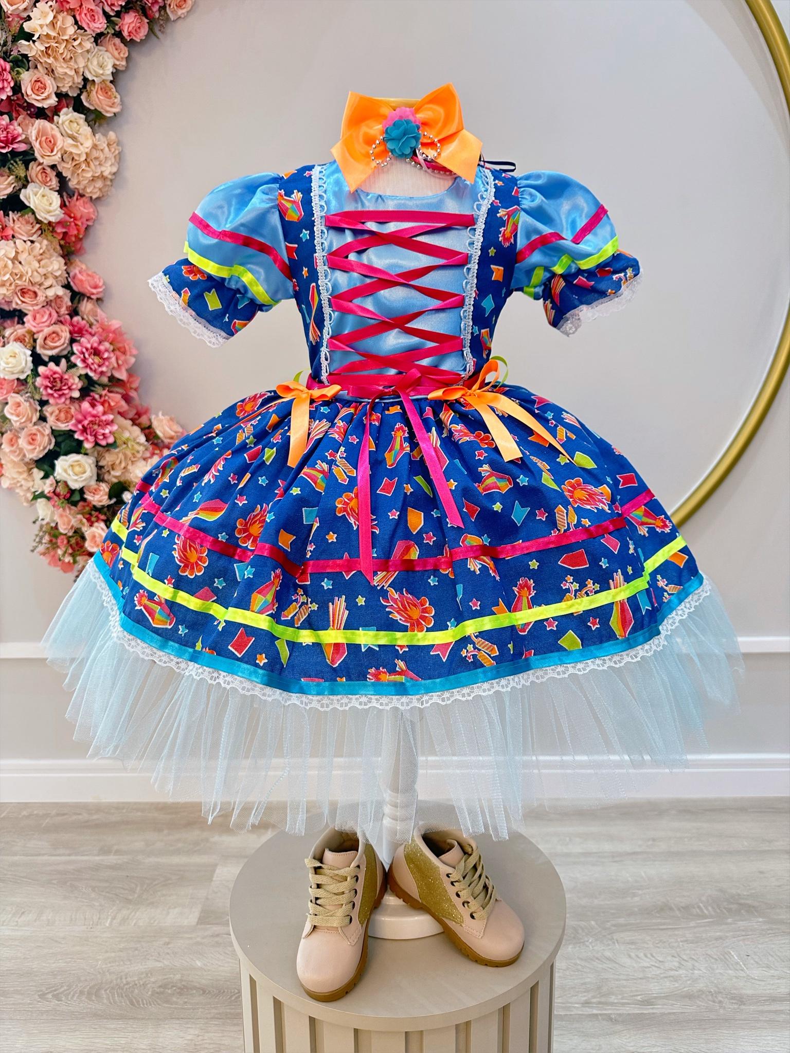 Fantasia Infantil Junino Azul Estampa de Fogueiras Folia