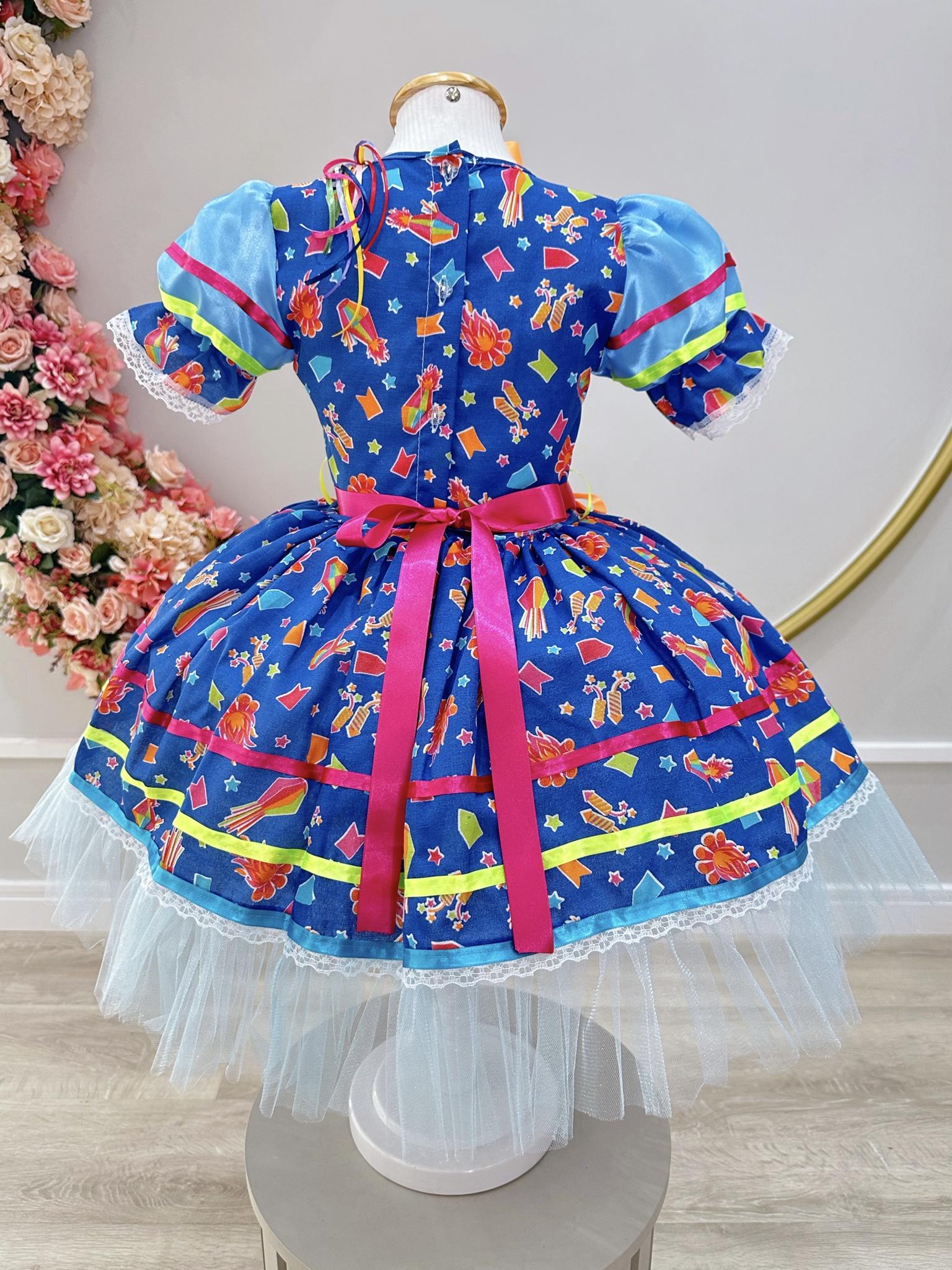 Fantasia Infantil Junino Azul Estampa de Fogueiras Folia