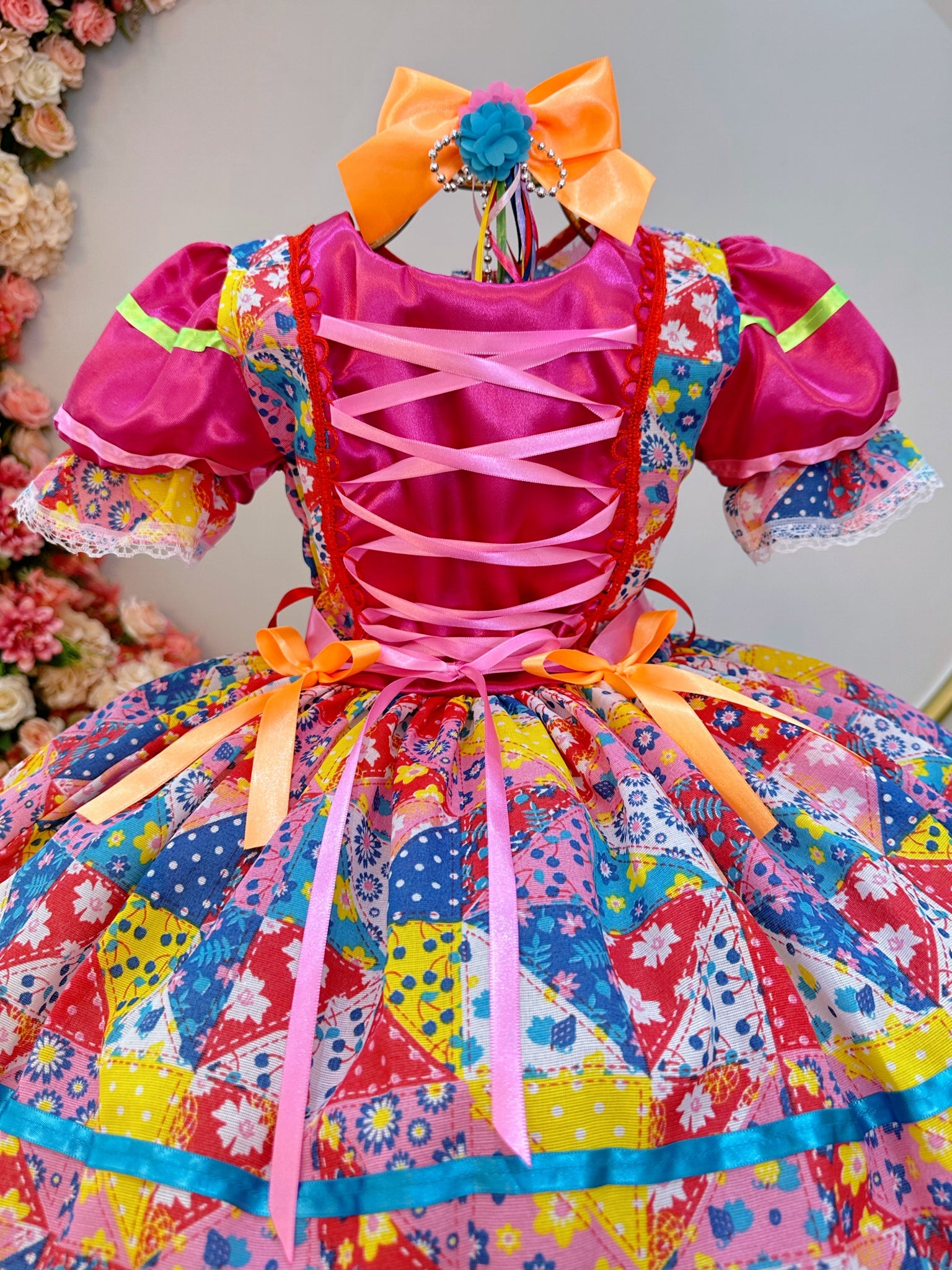 Fantasia Infantil Junino Rosa Com Estampa Colorida Folia