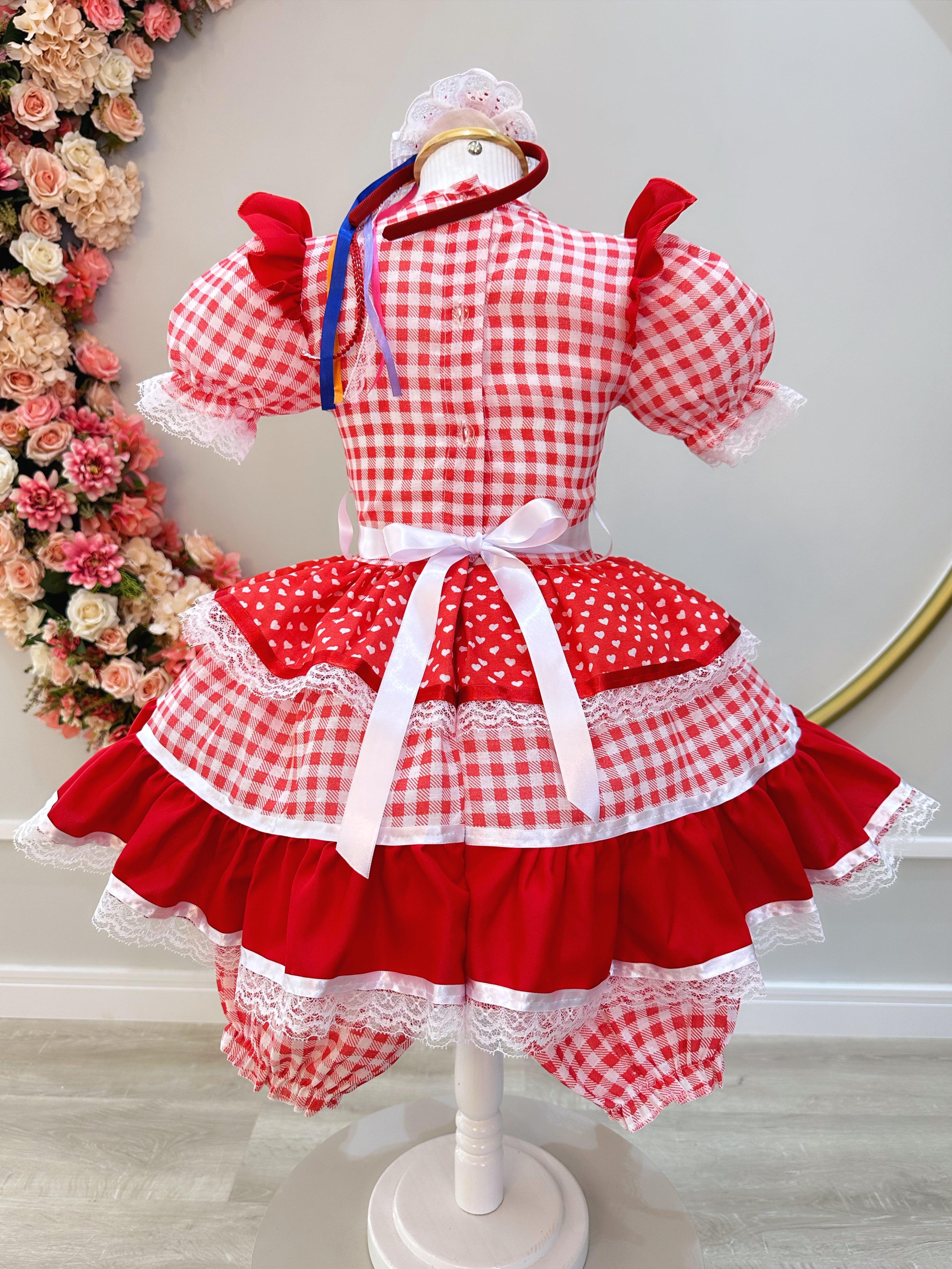 Fantasia Infantil Junino Vermelho Xadrez C/ Babados Luxo