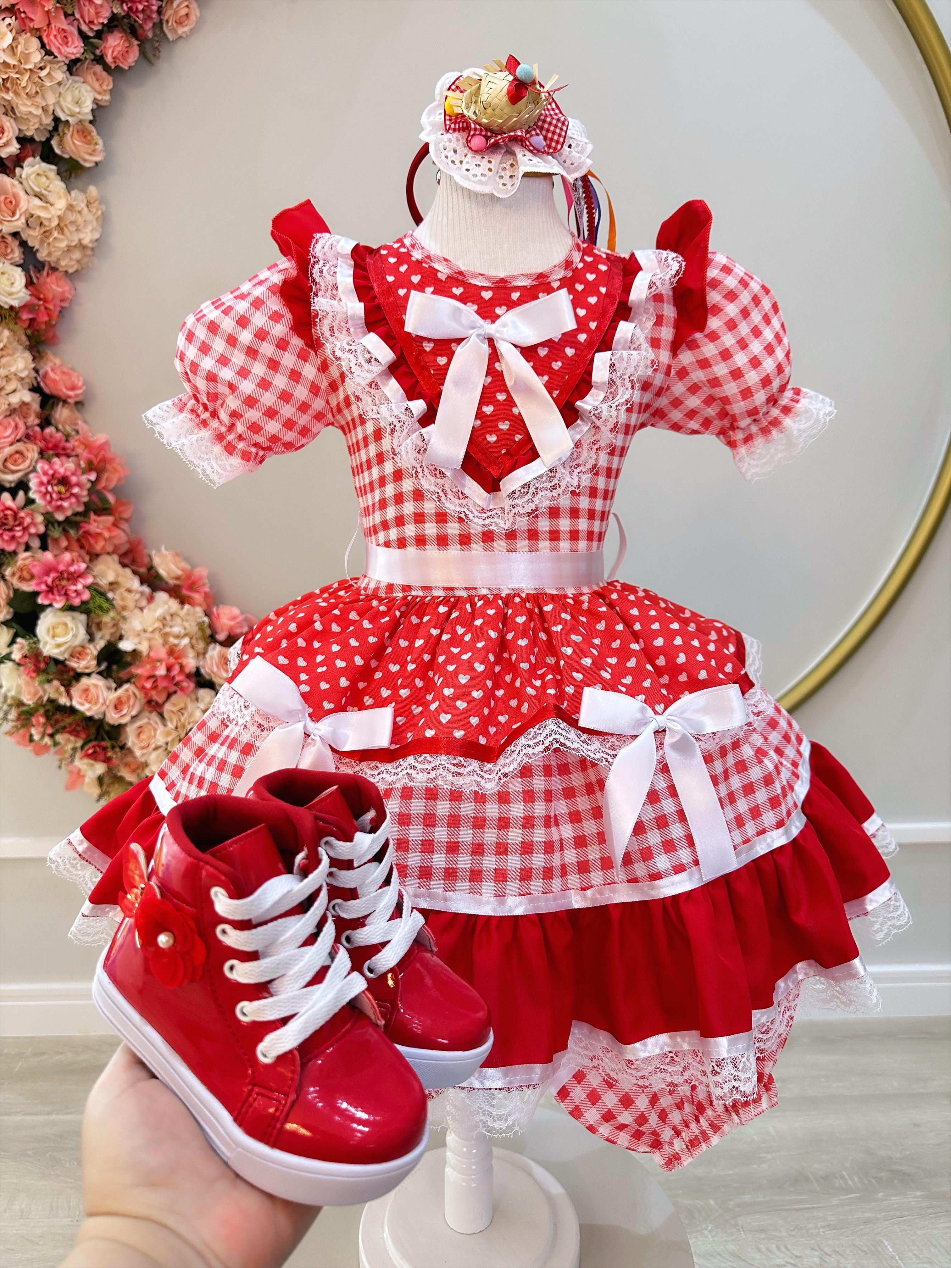 Fantasia Infantil Junino Vermelho Xadrez C/ Babados Luxo