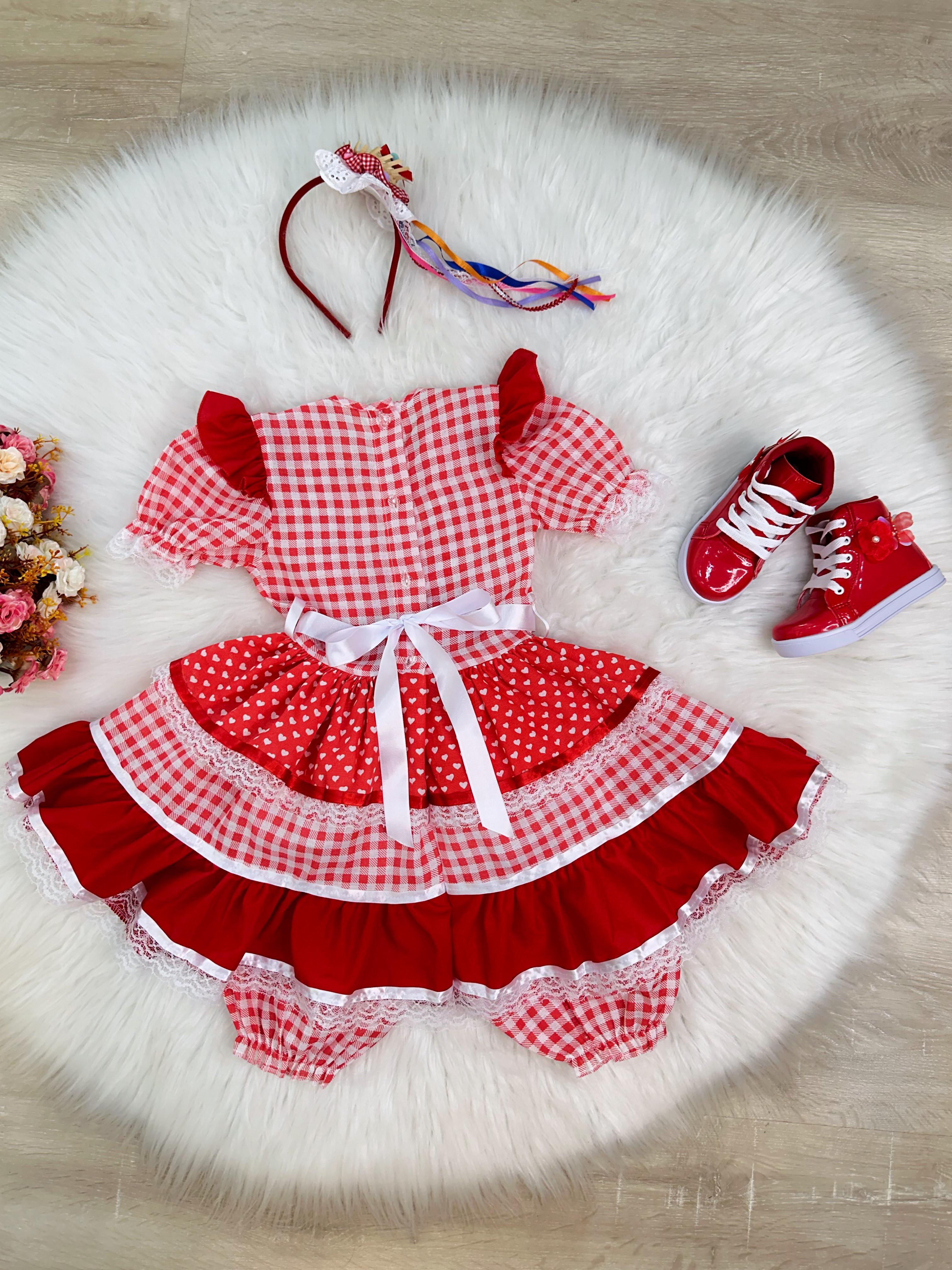 Fantasia Infantil Junino Vermelho Xadrez C/ Babados Luxo