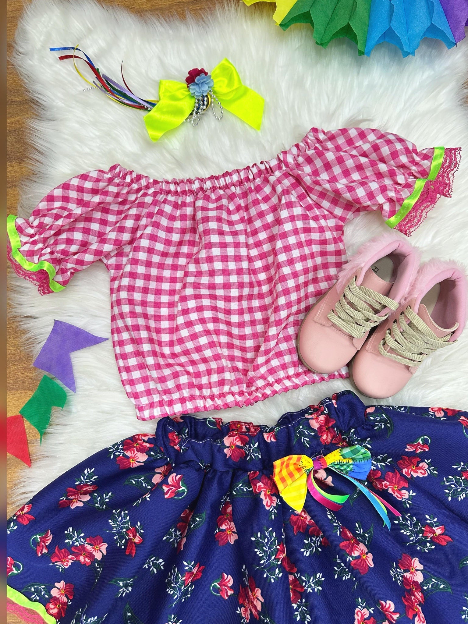 Conjunto Meninas Junino Rosa Xadrez Cropped Mini Saia Azul
