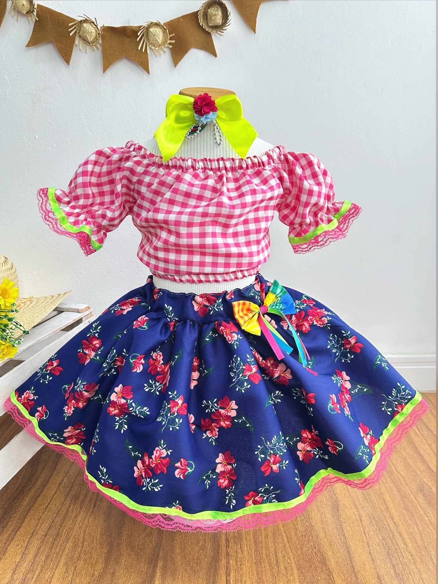 Conjunto Meninas Junino Rosa Xadrez Cropped Mini Saia Azul