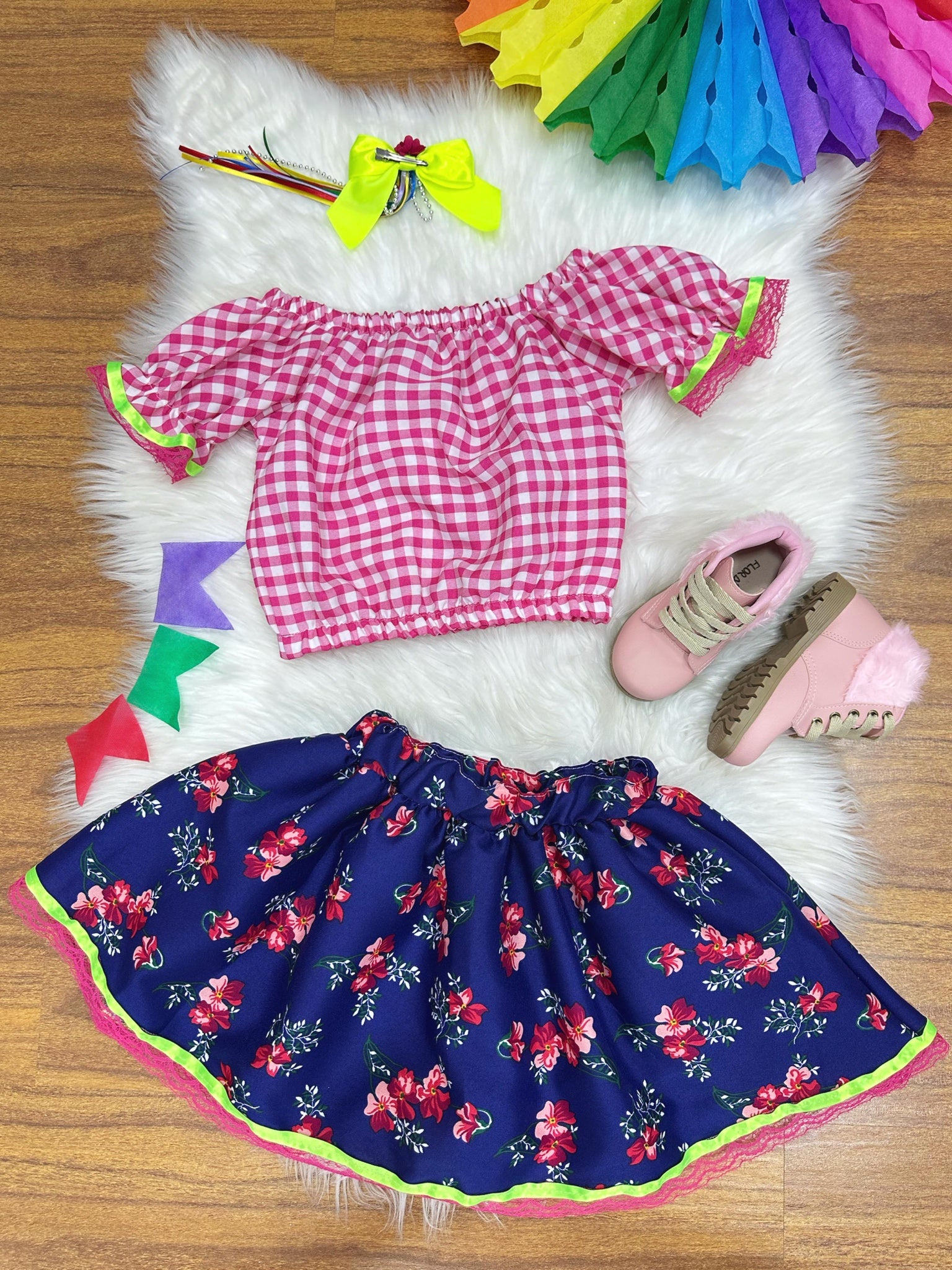 Conjunto Meninas Junino Rosa Xadrez Cropped Mini Saia Azul