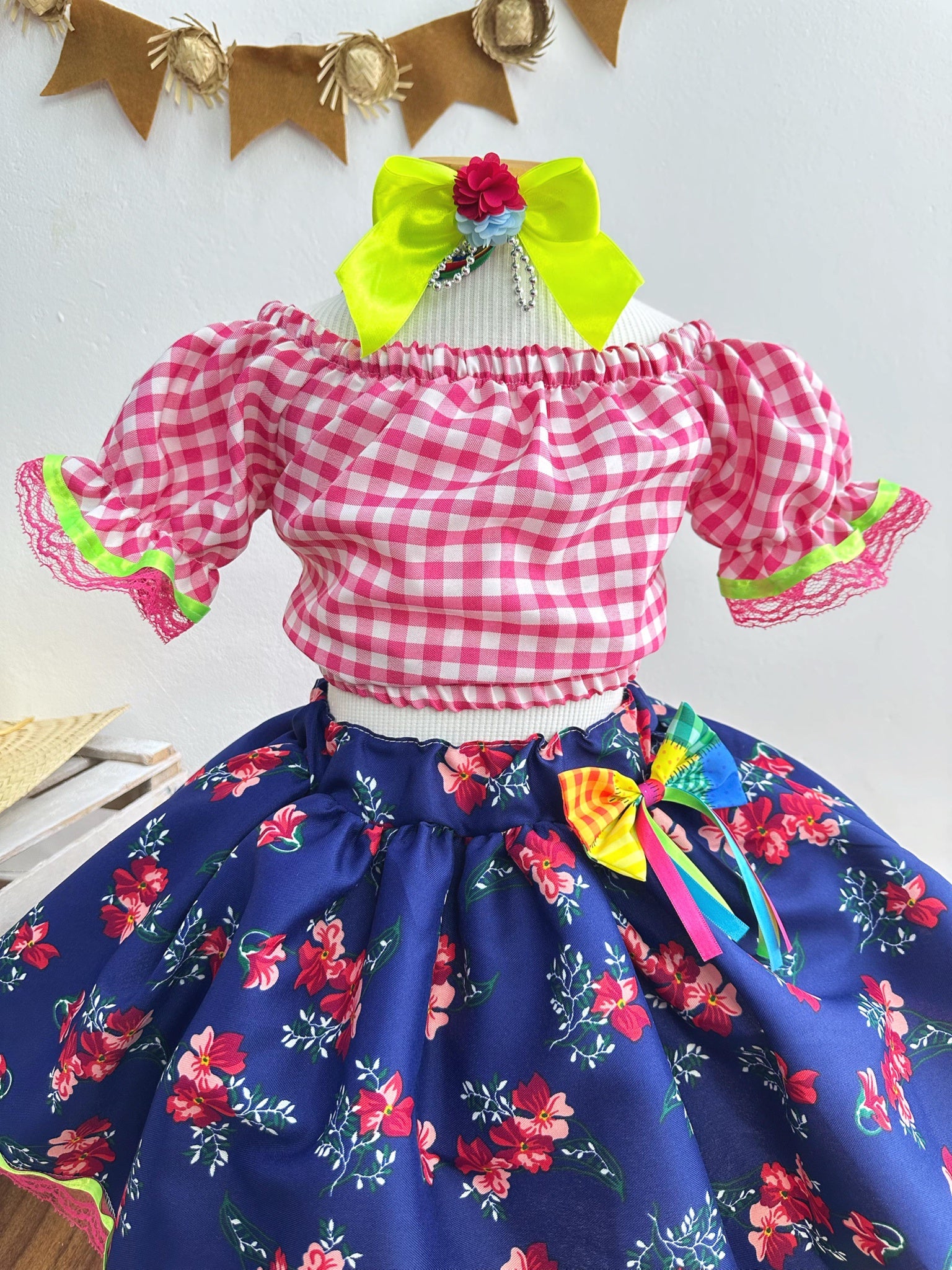 Conjunto Meninas Junino Rosa Xadrez Cropped Mini Saia Azul