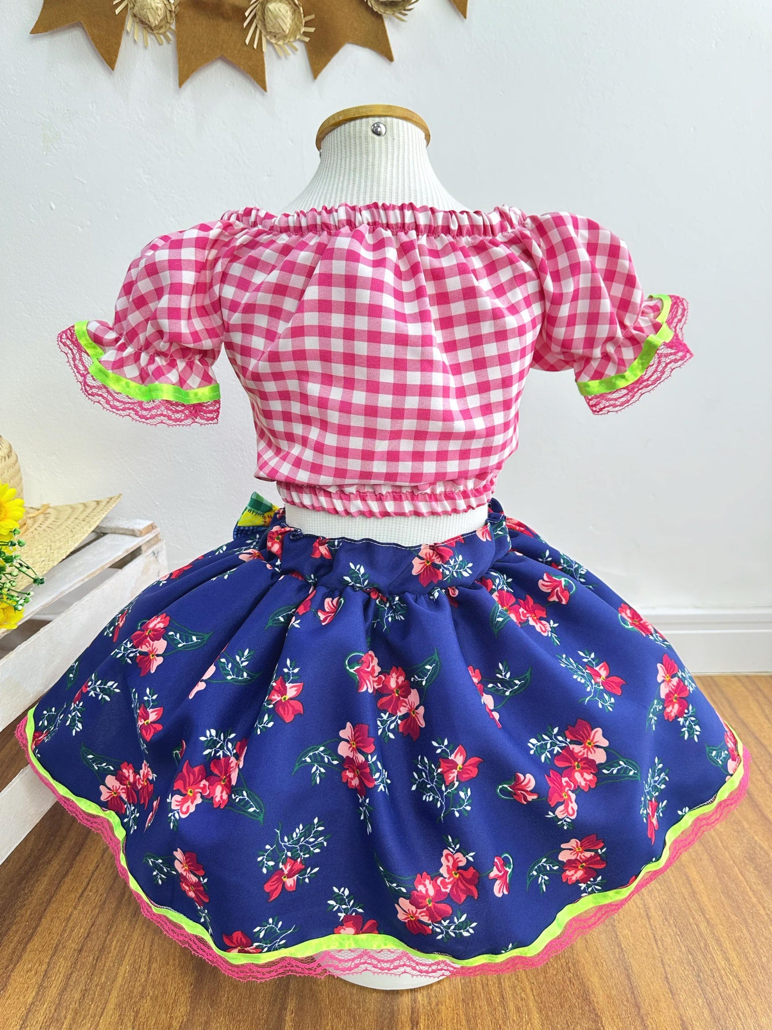 Conjunto Meninas Junino Rosa Xadrez Cropped Mini Saia Azul