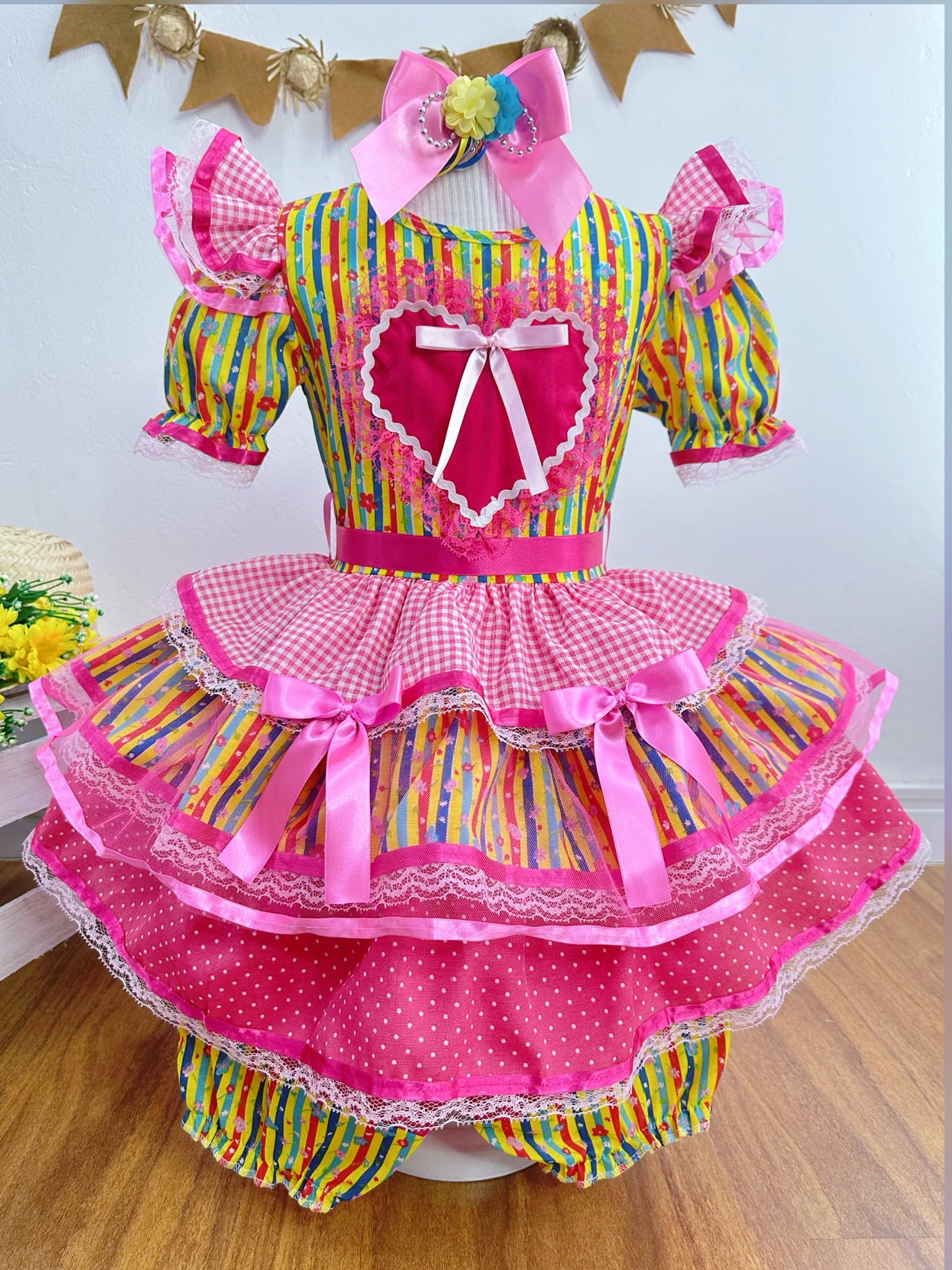 Vestido Infantil Junino Amarelo Com Estampa Colorida Festas