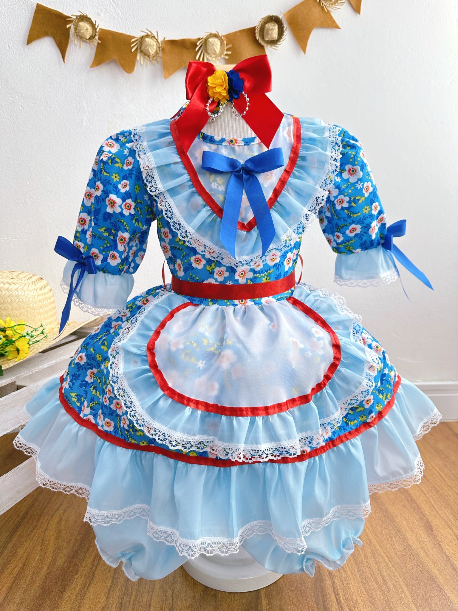 Vestido Infantil Junino Arraiá Azul Desenho Flores Coloridas