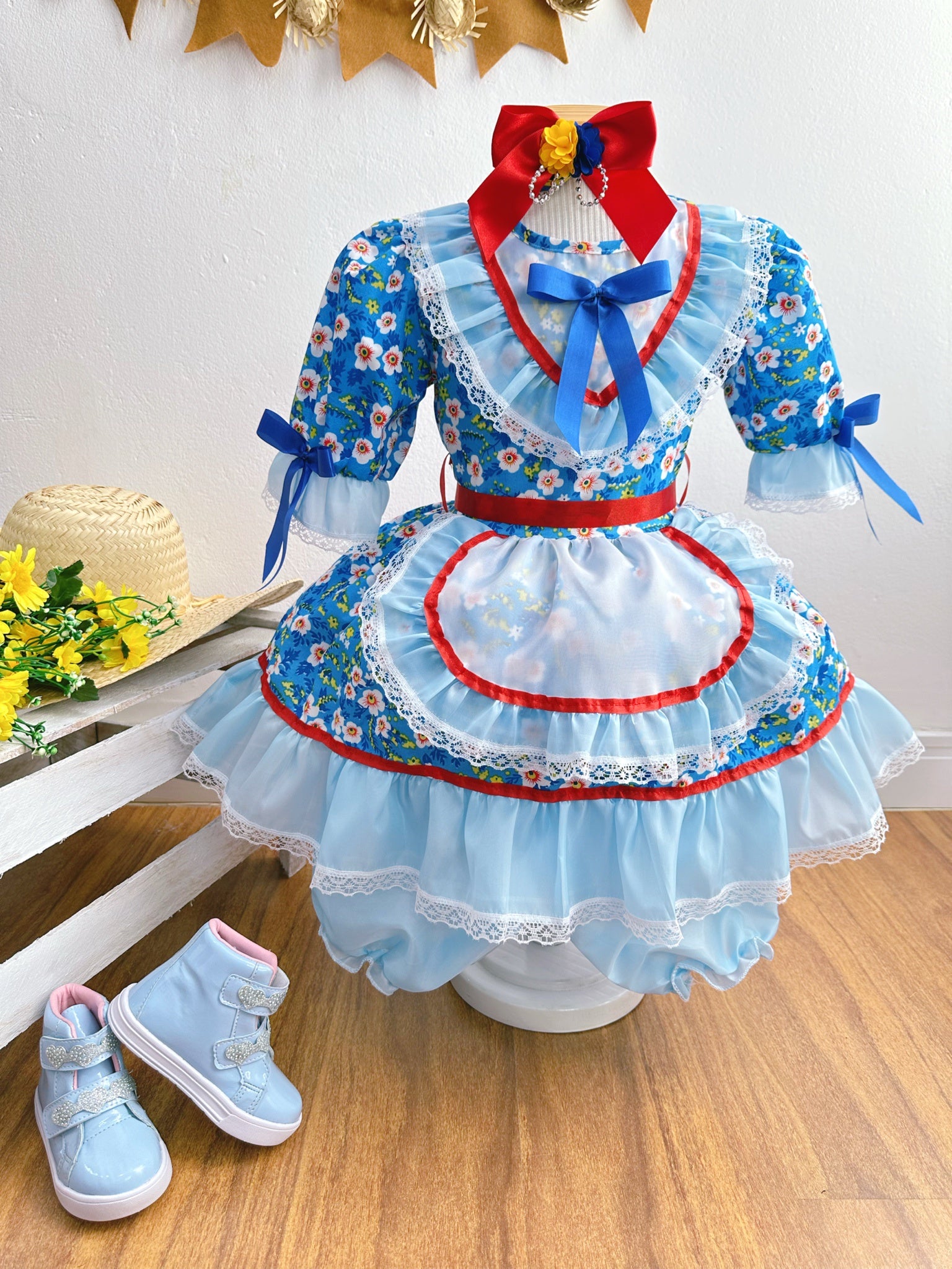 Vestido Infantil Junino Arraiá Azul Desenho Flores Coloridas