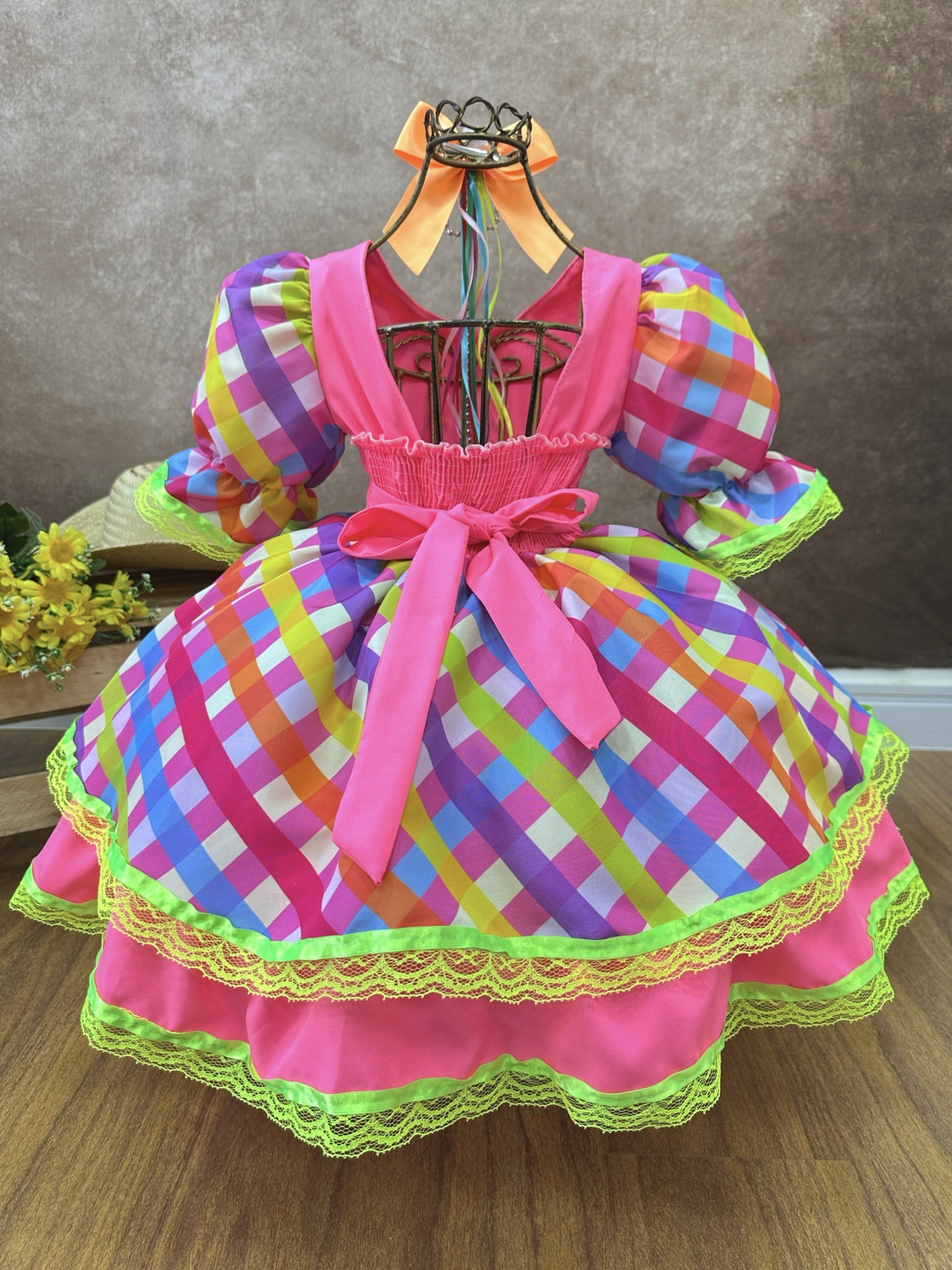 Vestido Infantil Junino Arraiá Rosa Neon Colorido Xadrez