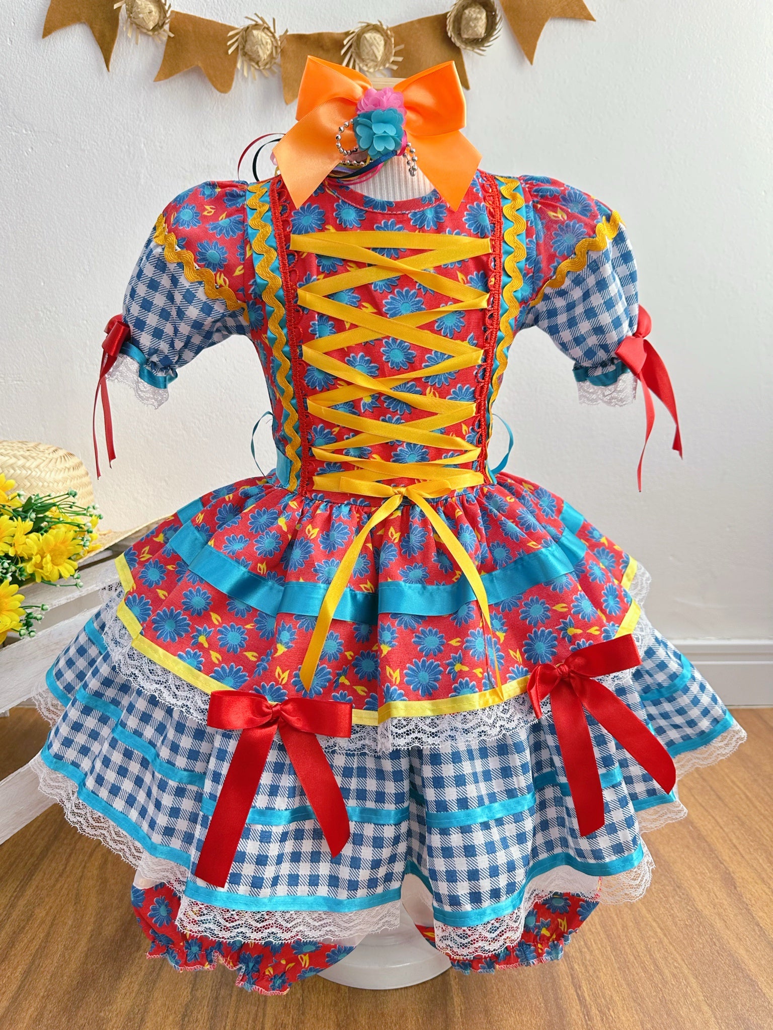 Vestido Infantil Junino Arraiá Vermelho e Azul Com Estampa