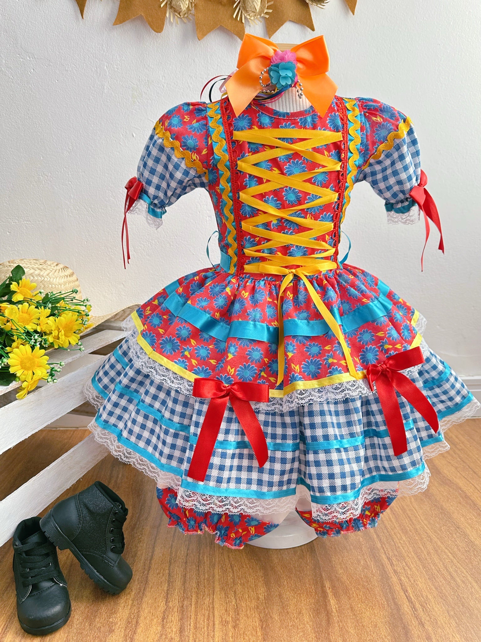 Vestido Infantil Junino Arraiá Vermelho e Azul Com Estampa