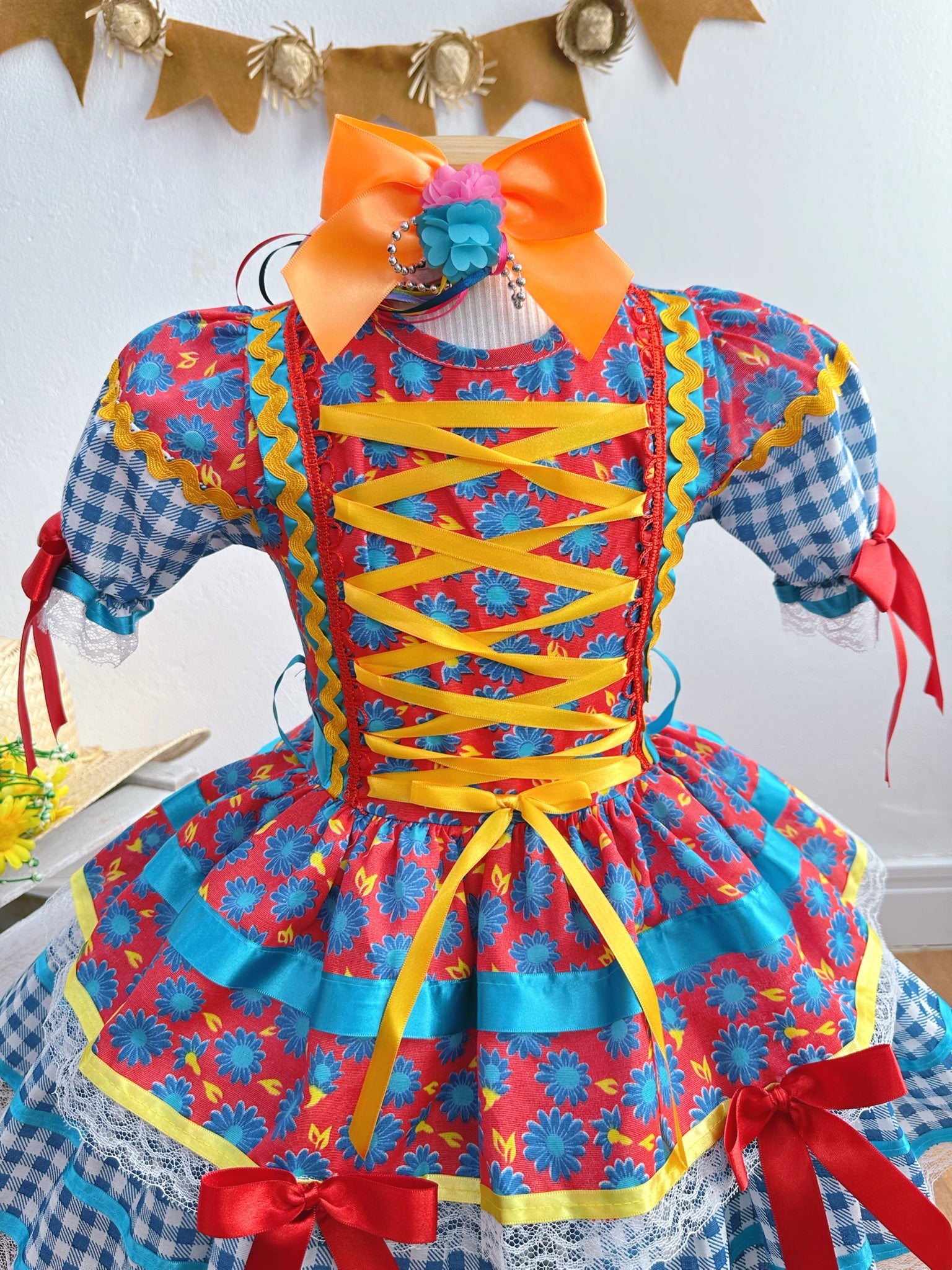 Vestido Infantil Junino Arraiá Vermelho e Azul Com Estampa