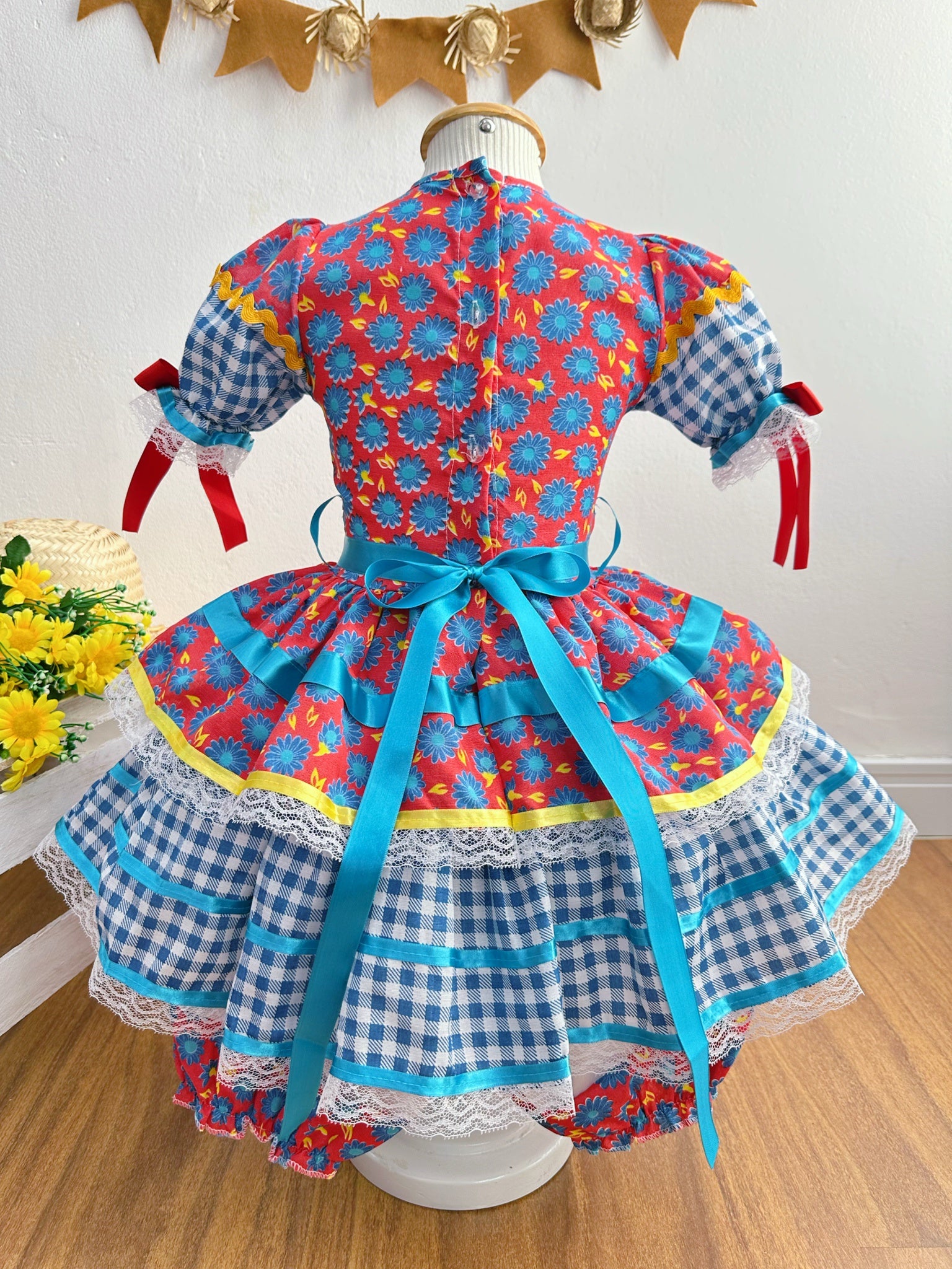 Vestido Infantil Junino Arraiá Vermelho e Azul Com Estampa