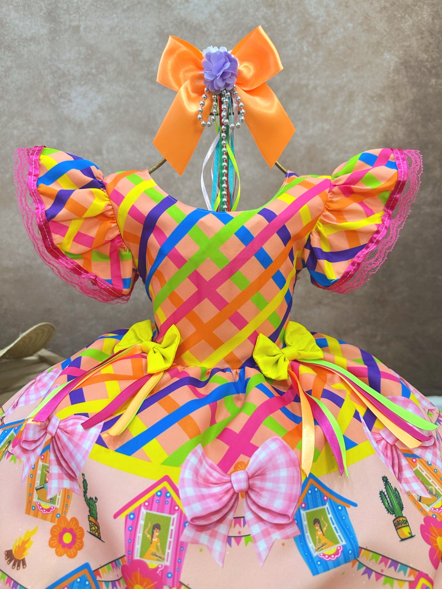 Vestido Infantil Junino Arraiá Xadrez Colorido Estampado