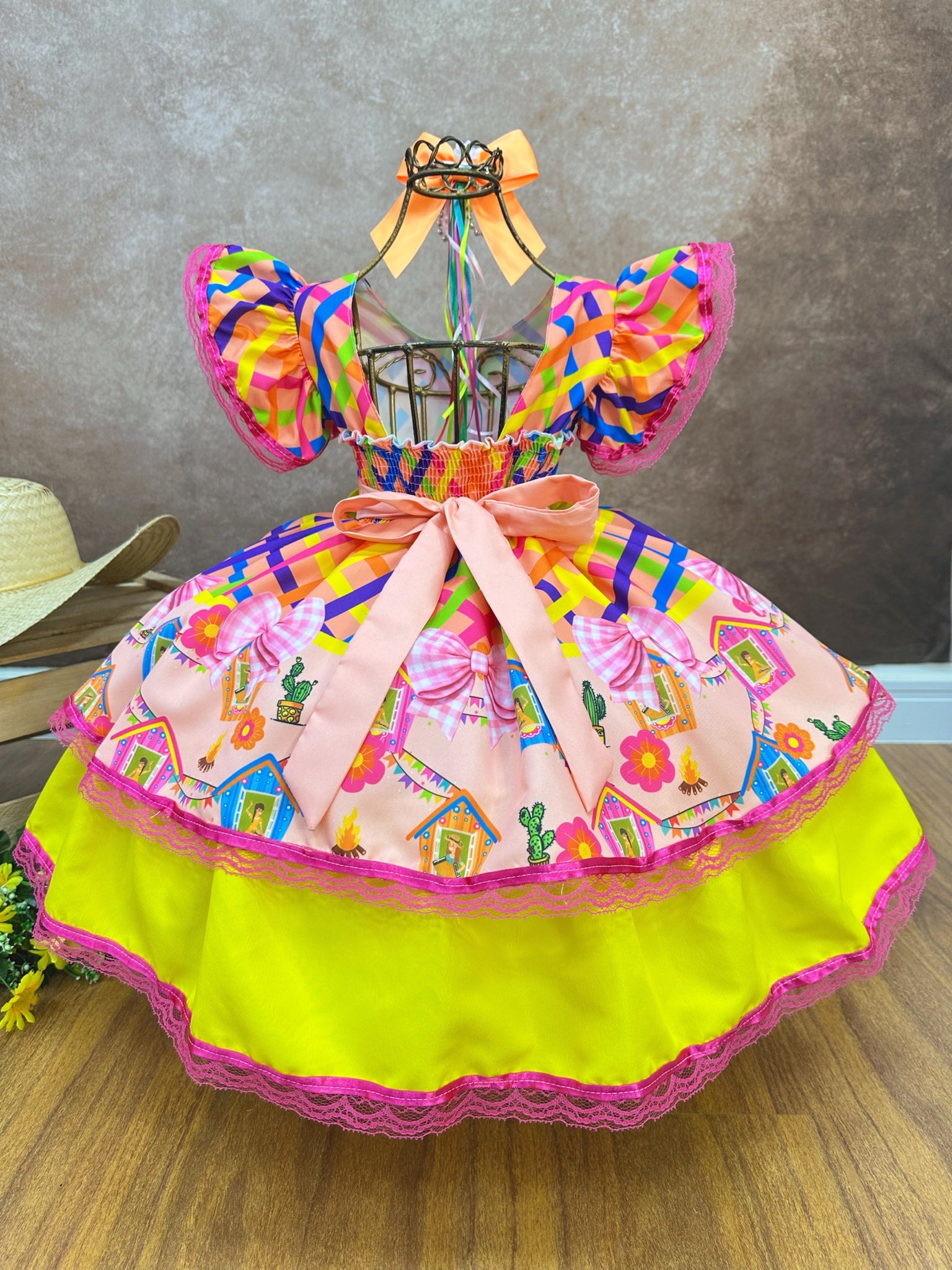 Vestido Infantil Junino Arraiá Xadrez Colorido Estampado