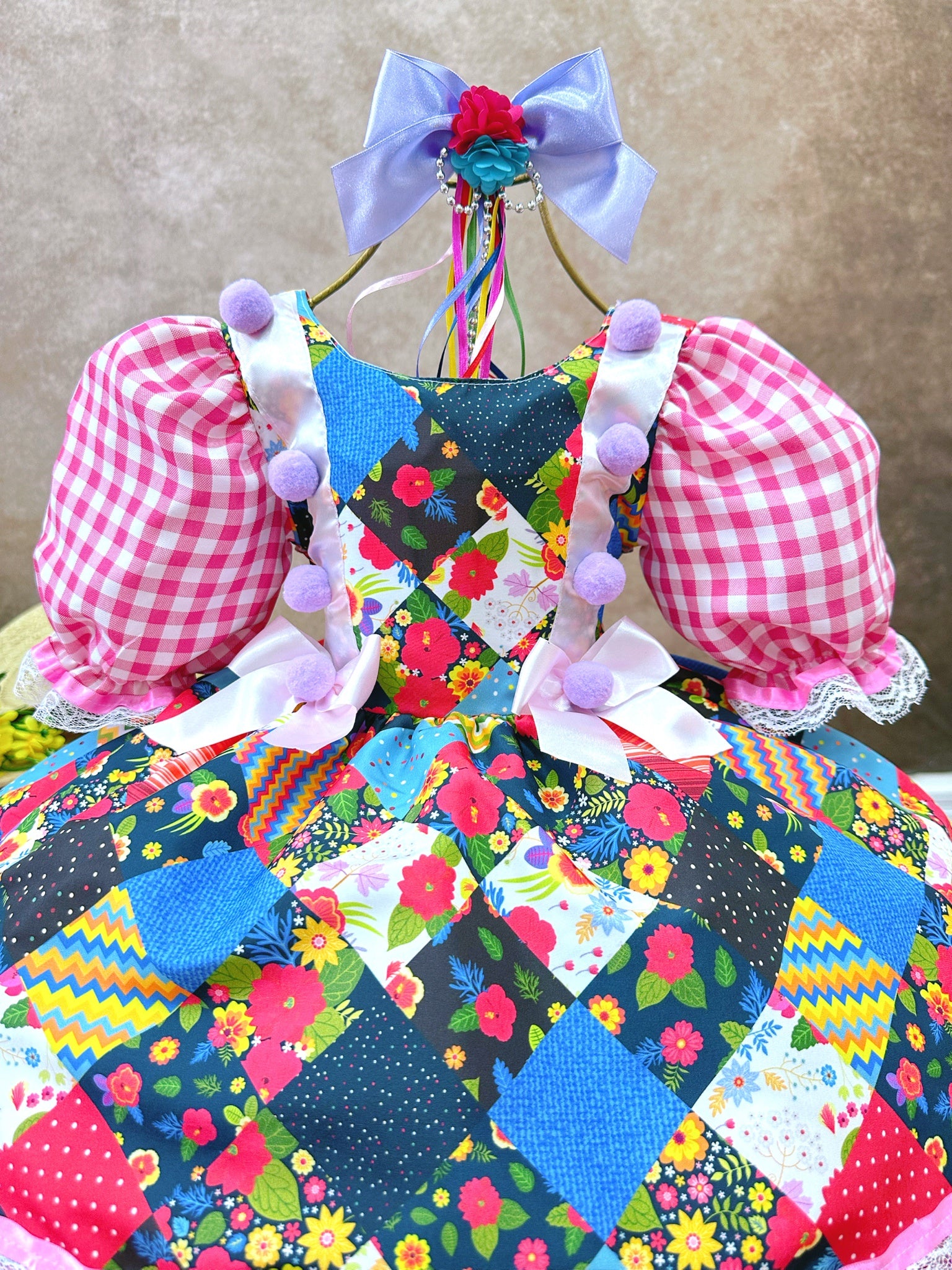 Vestido Infantil Junino Arraiá Xadrez Rosa Estampado