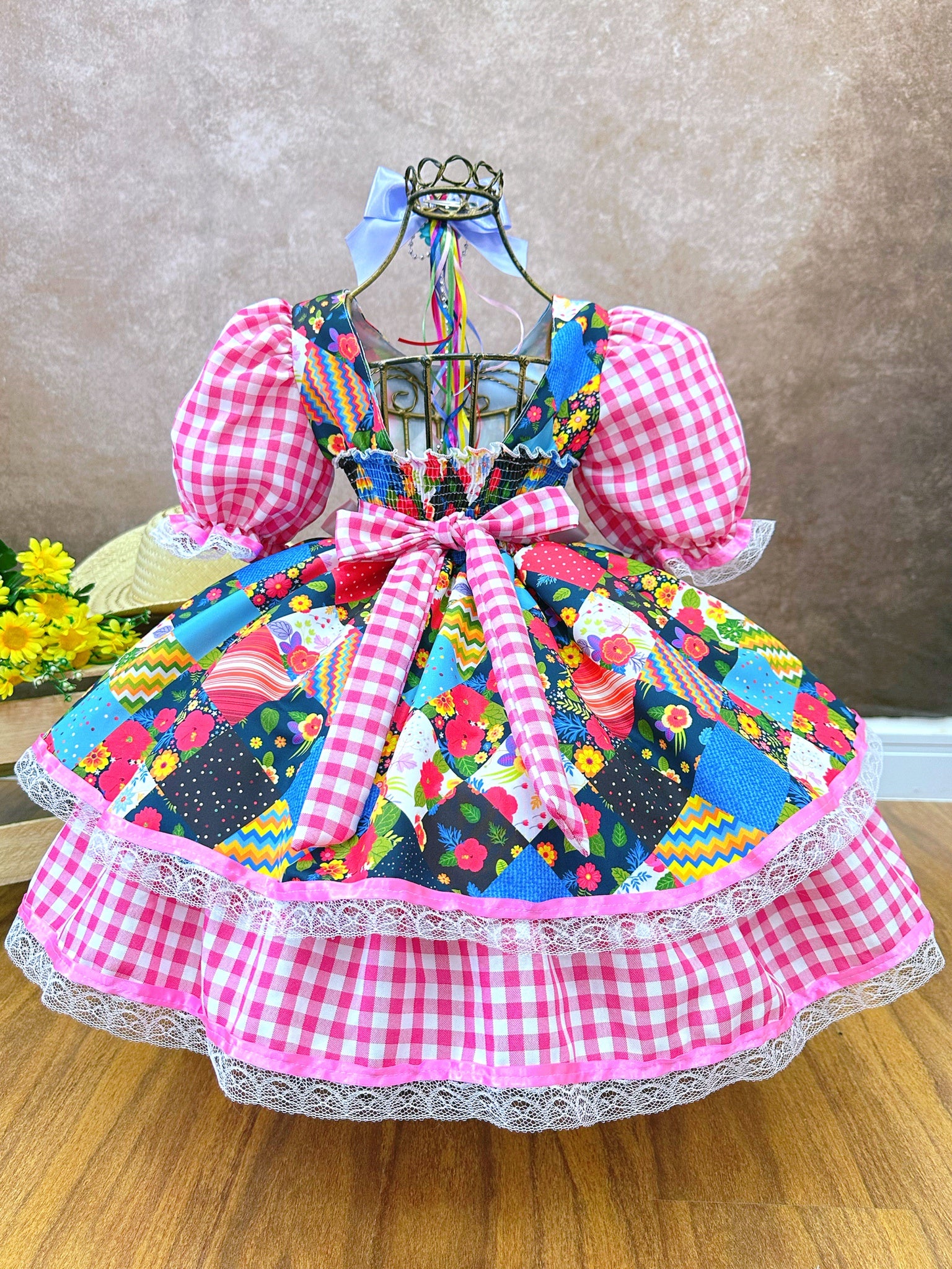 Vestido Infantil Junino Arraiá Xadrez Rosa Estampado