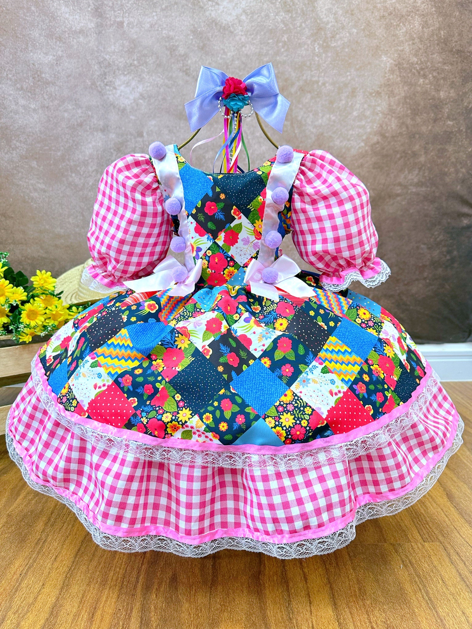 Vestido Infantil Junino Arraiá Xadrez Rosa Estampado