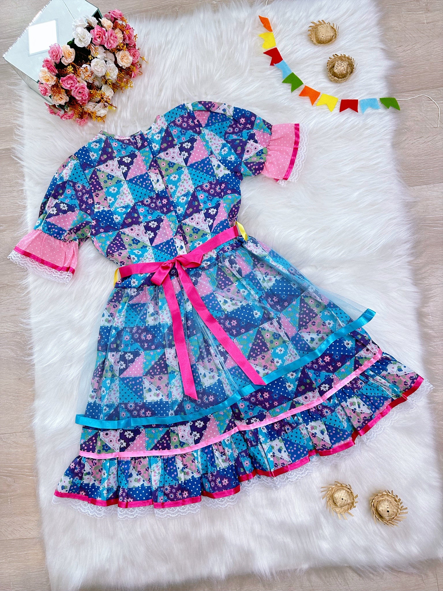 Fantasia Infantil Junino Azul C/ Estampa Florzinhas Festas