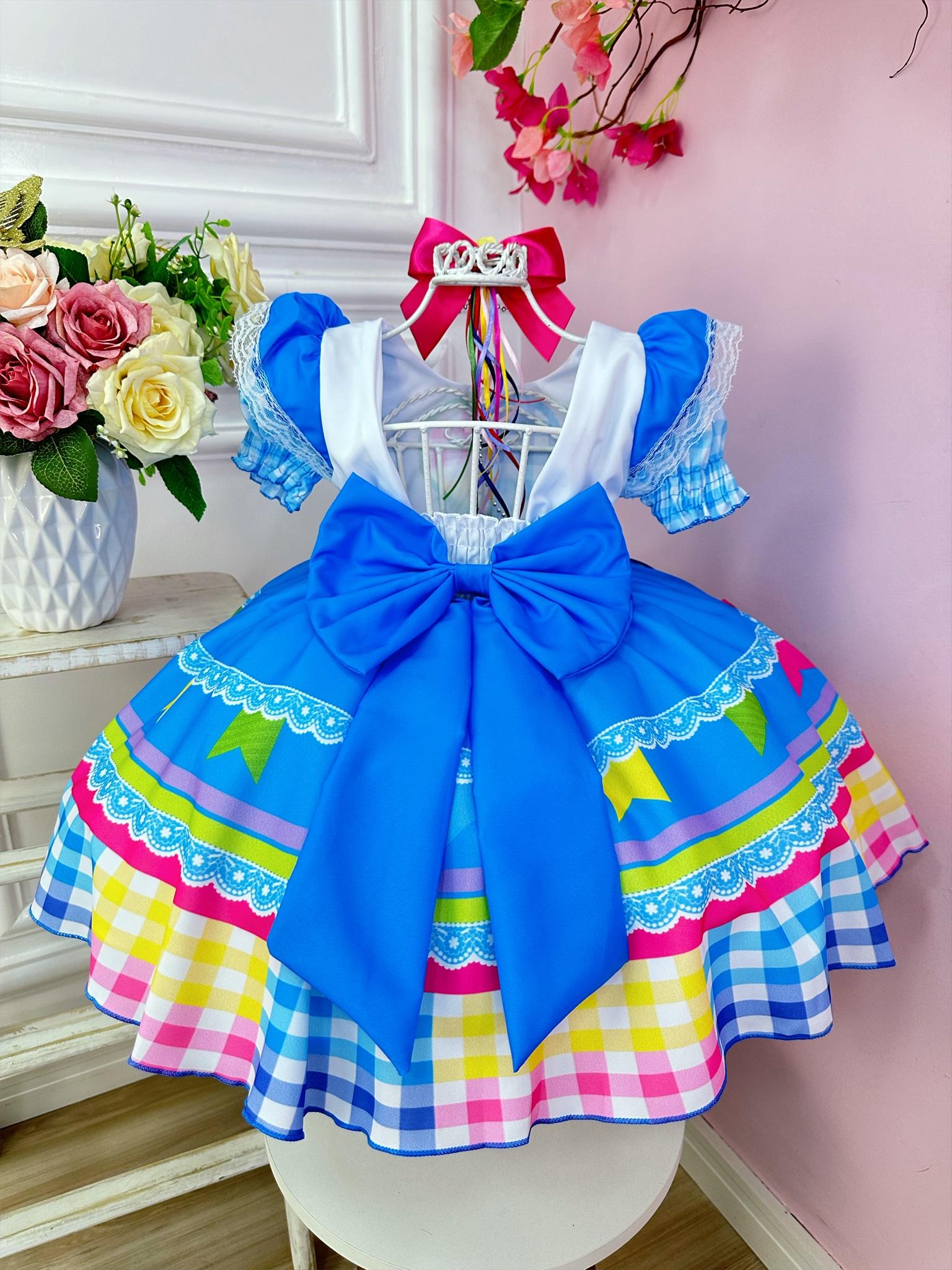 Fantasia Infantil Junino Azul Colorido C/ Desenho de Coração