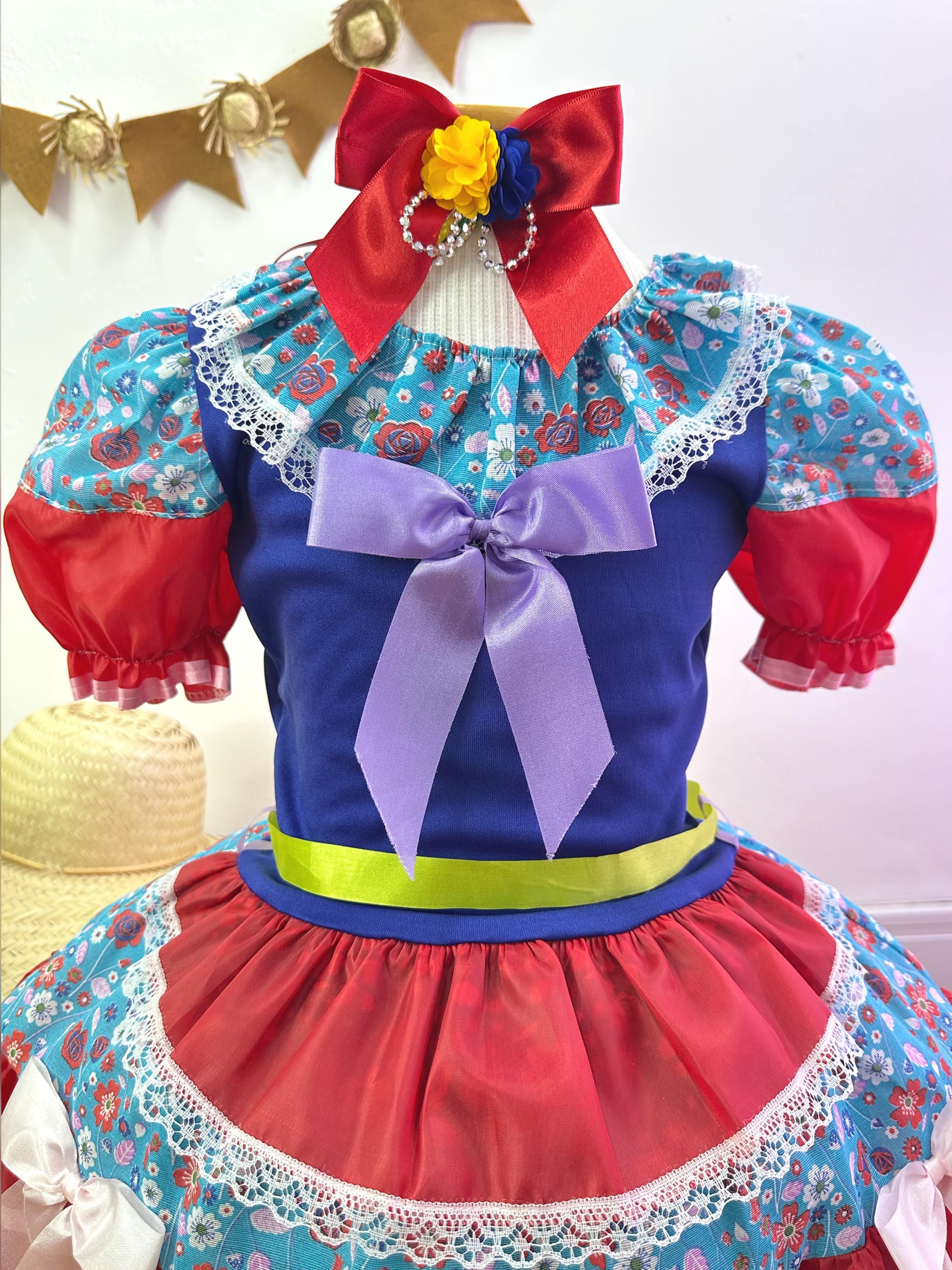 Fantasia Infantil Junino Azul e Vermelho Colorido Florido