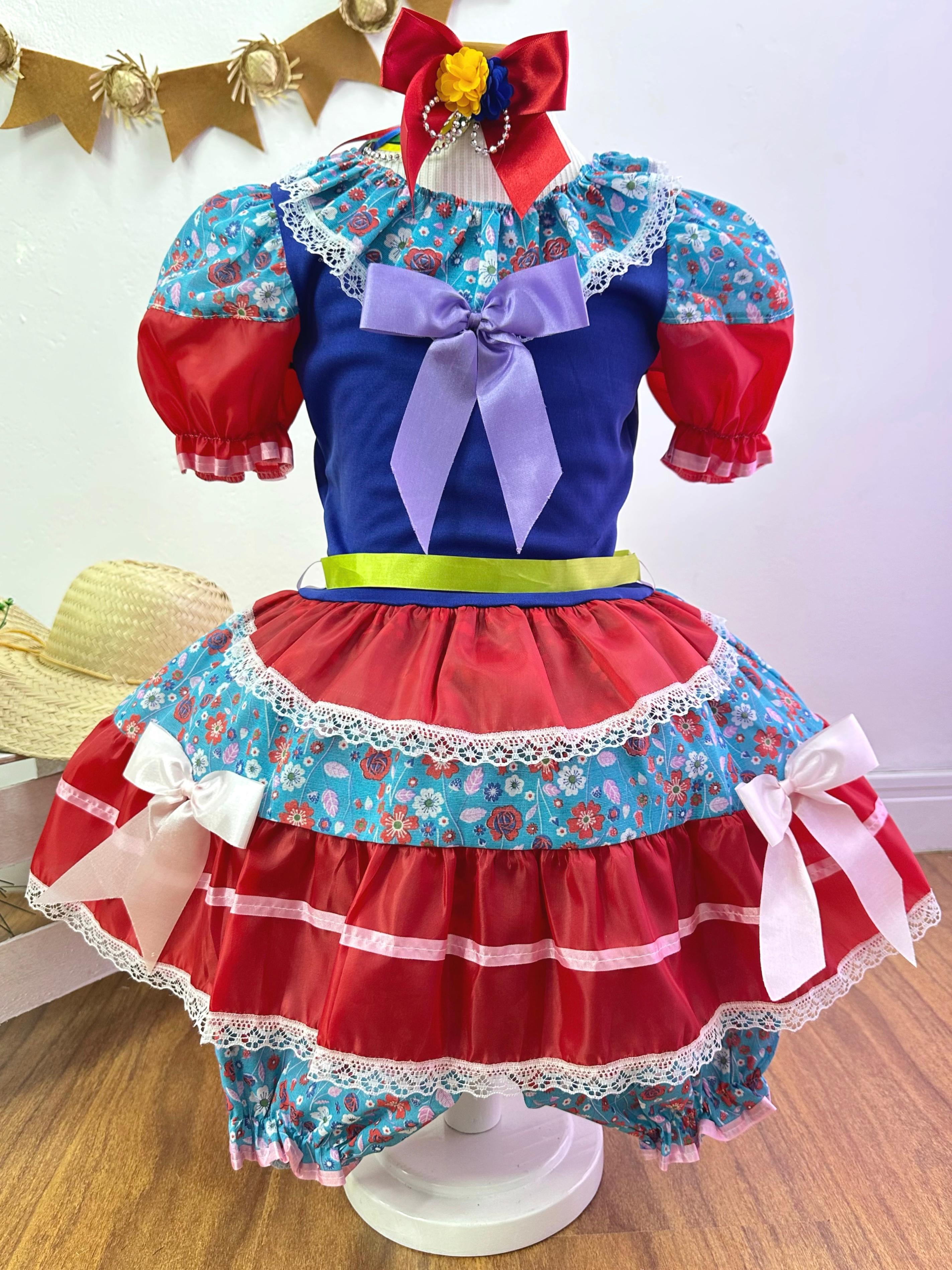 Fantasia Infantil Junino Azul e Vermelho Colorido Florido