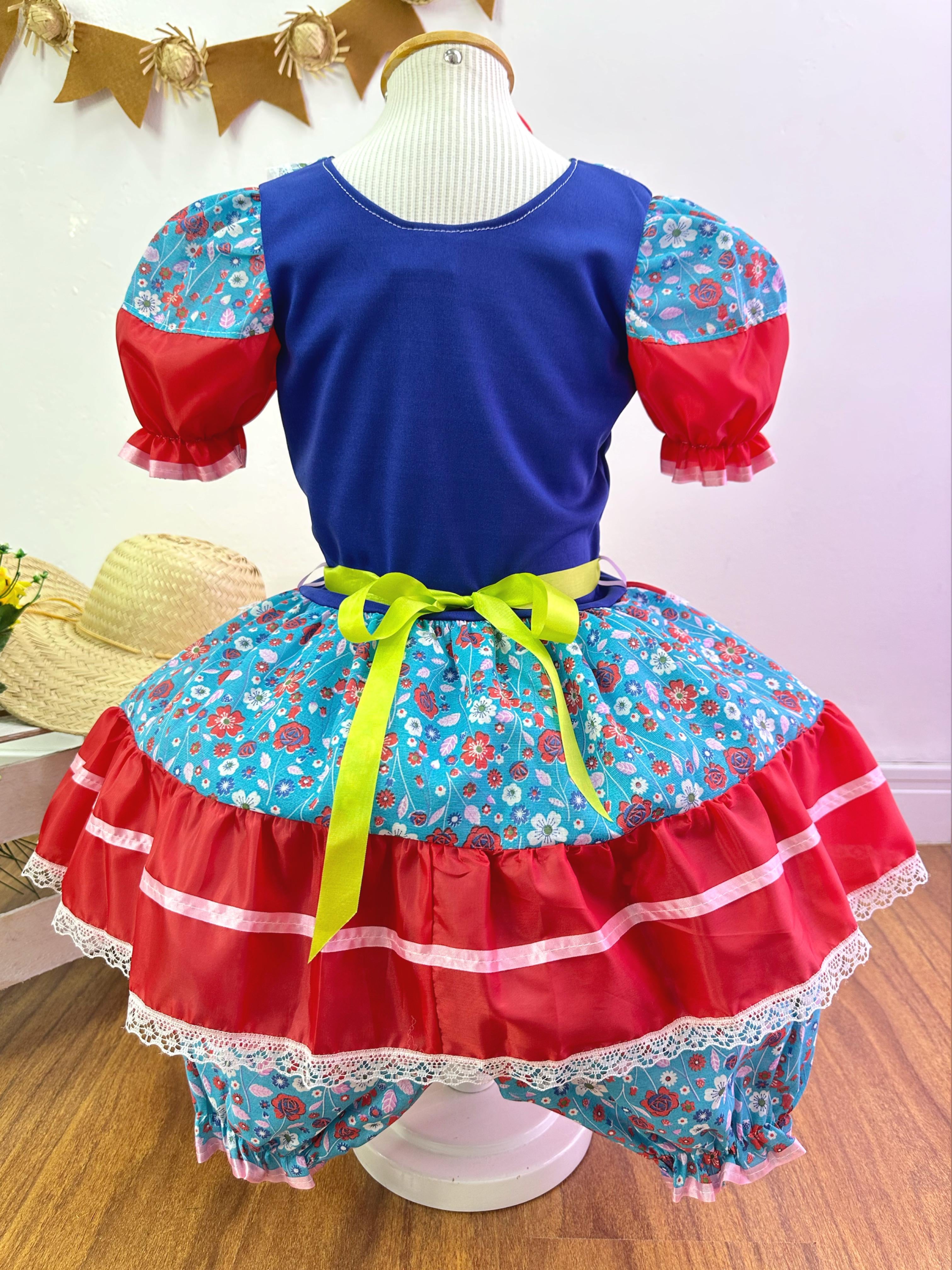 Fantasia Infantil Junino Azul e Vermelho Colorido Florido