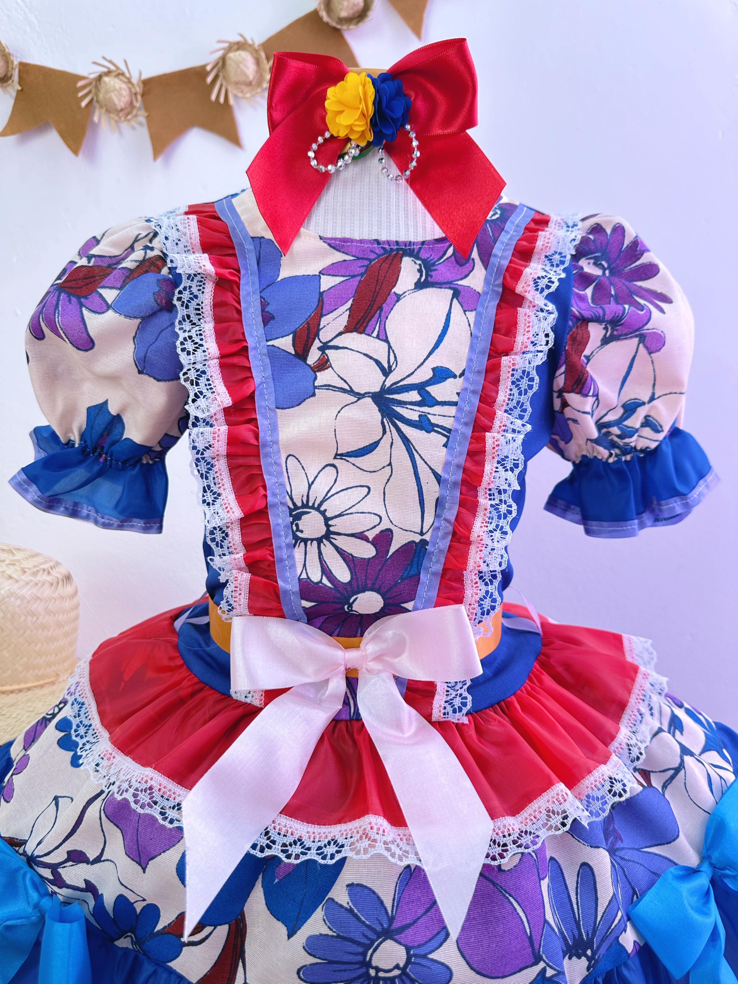 Fantasia Infantil Junino Azul e Vermelho Flores Coloridas