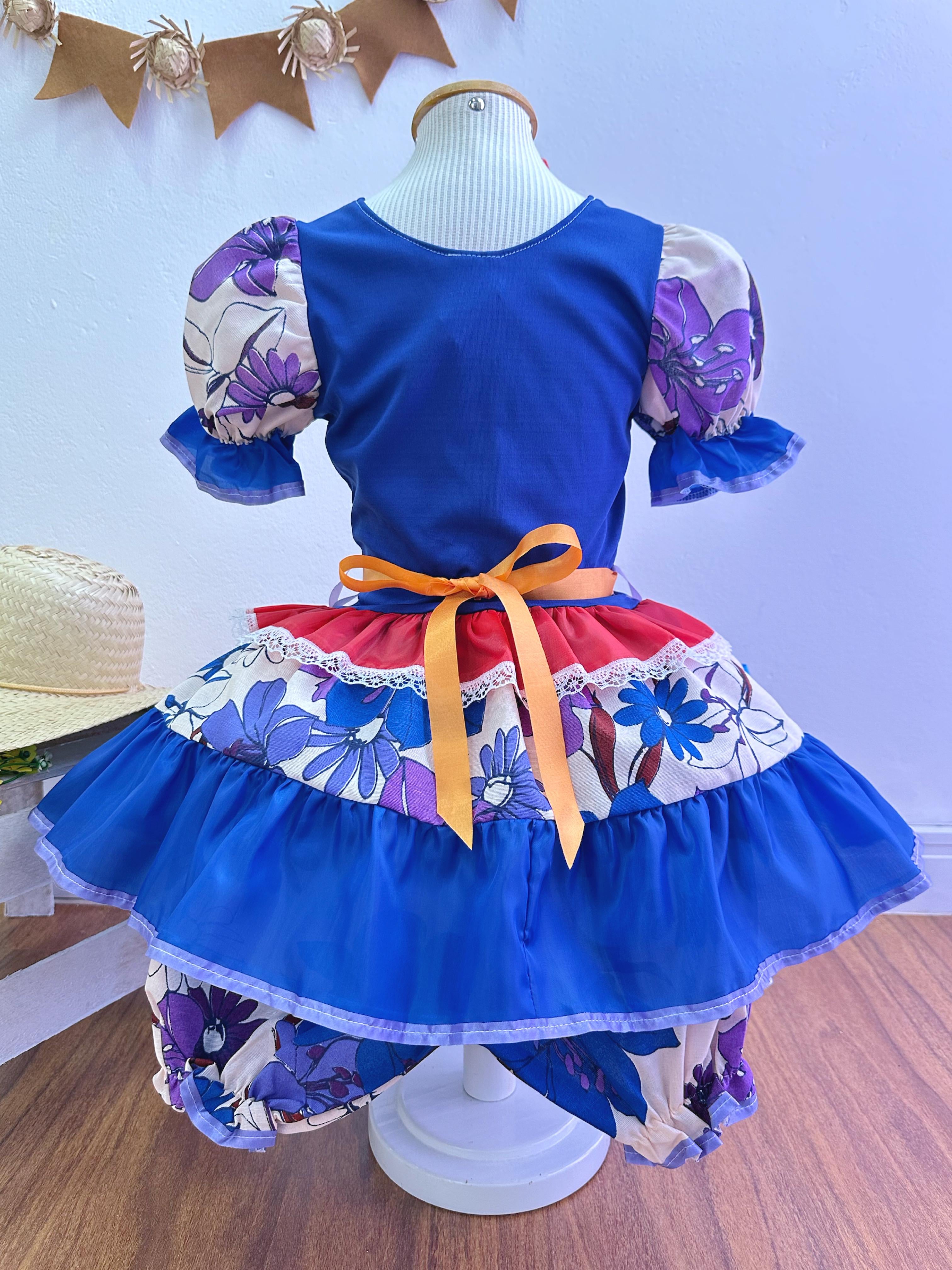 Fantasia Infantil Junino Azul e Vermelho Flores Coloridas