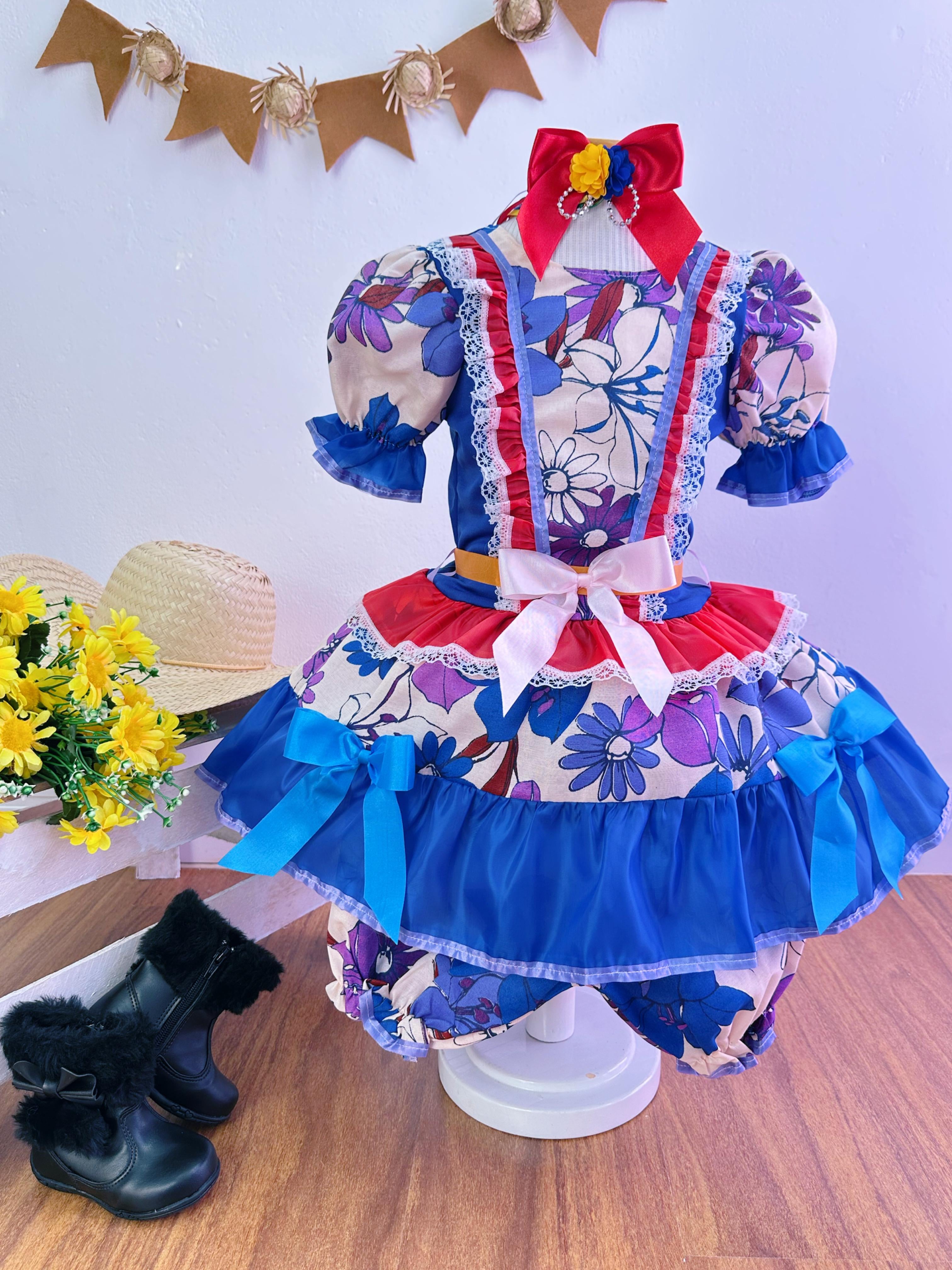Fantasia Infantil Junino Azul e Vermelho Flores Coloridas