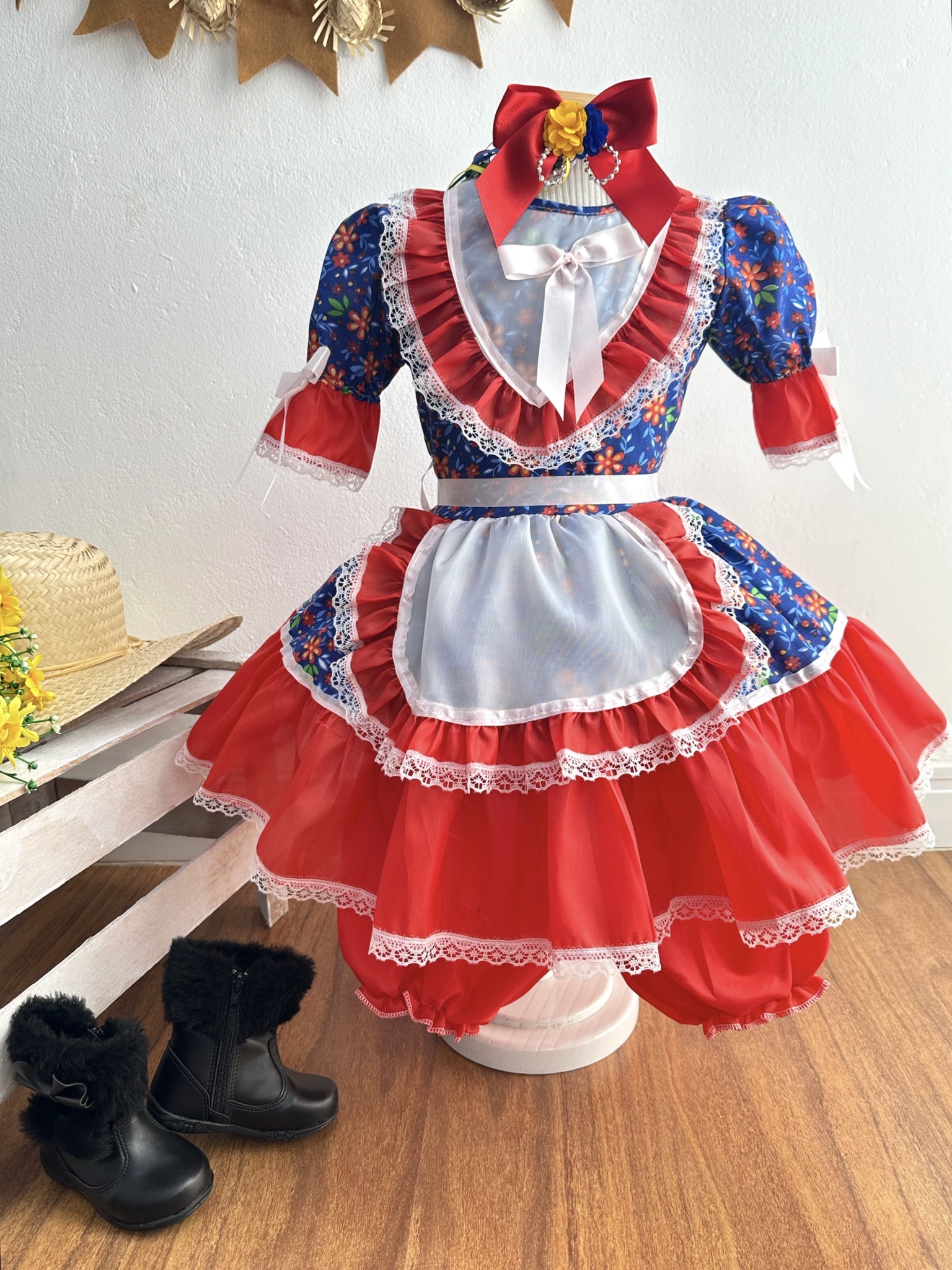 Vestido Infantil Junino Festas Azul Estampa de Florzinhas