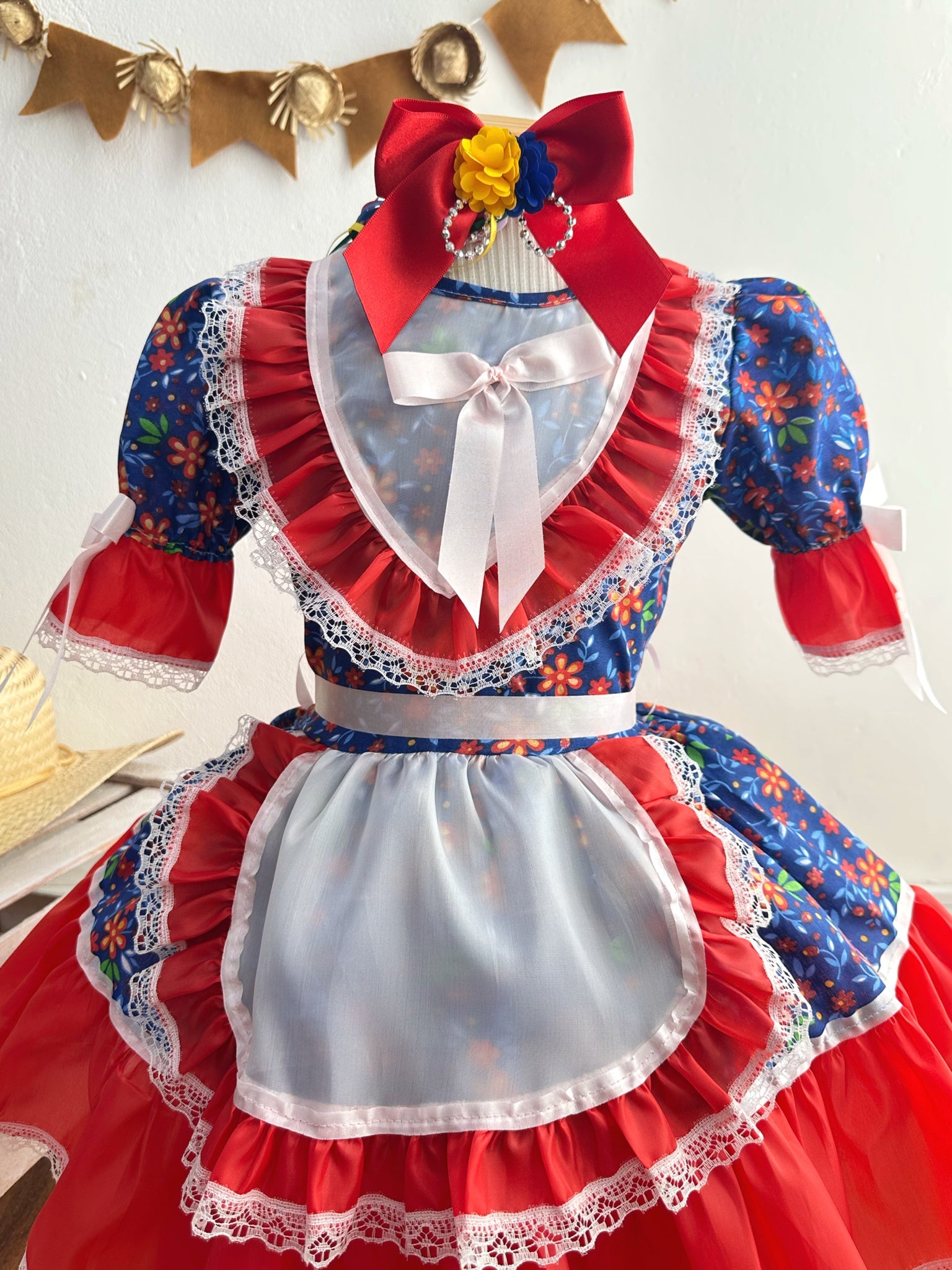 Vestido Infantil Junino Festas Azul Estampa de Florzinhas